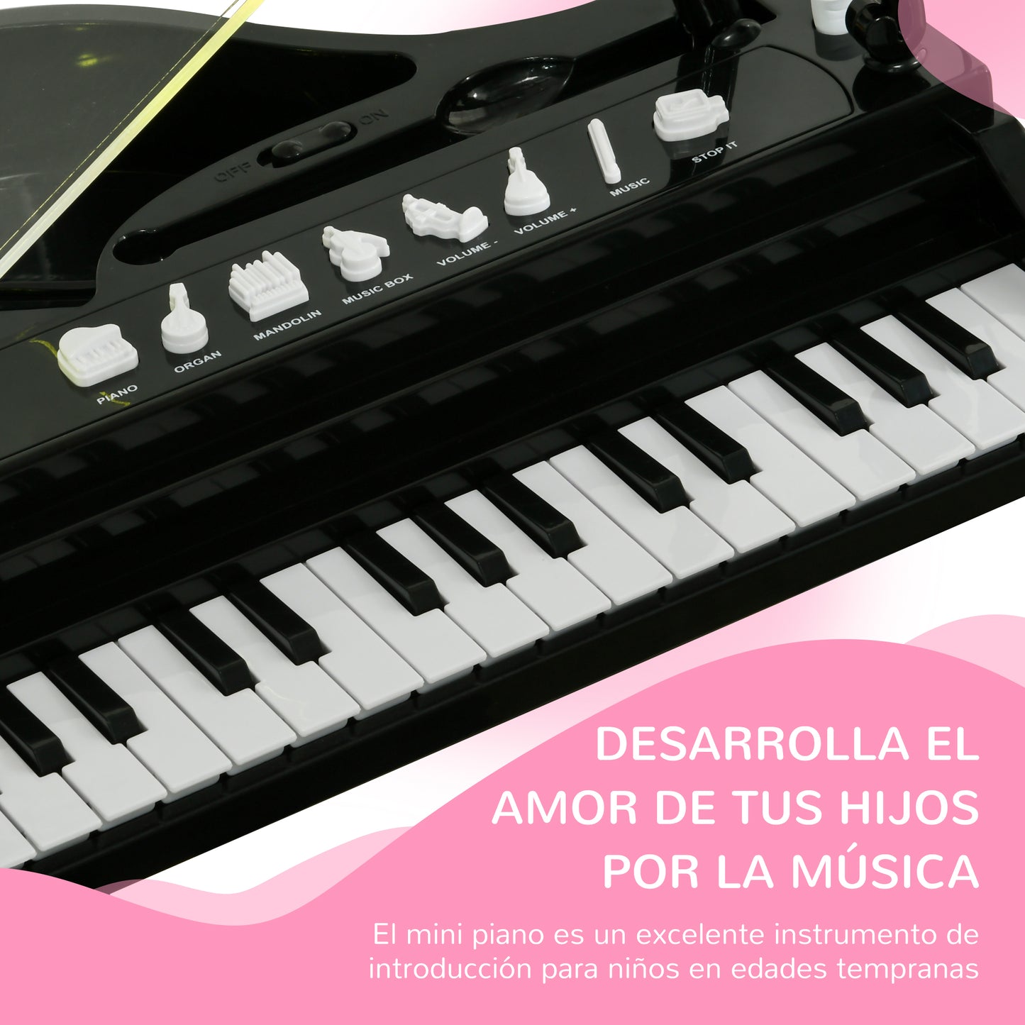 AIYAPLAY Piano Electrónico Infantil de 32 Teclas Juego de Piano con Micrófono Taburete Luces 22 Canciones 4 Sonidos Patas Desmontables y Volumen Ajustable 37x30,5x60,4 cm Negro