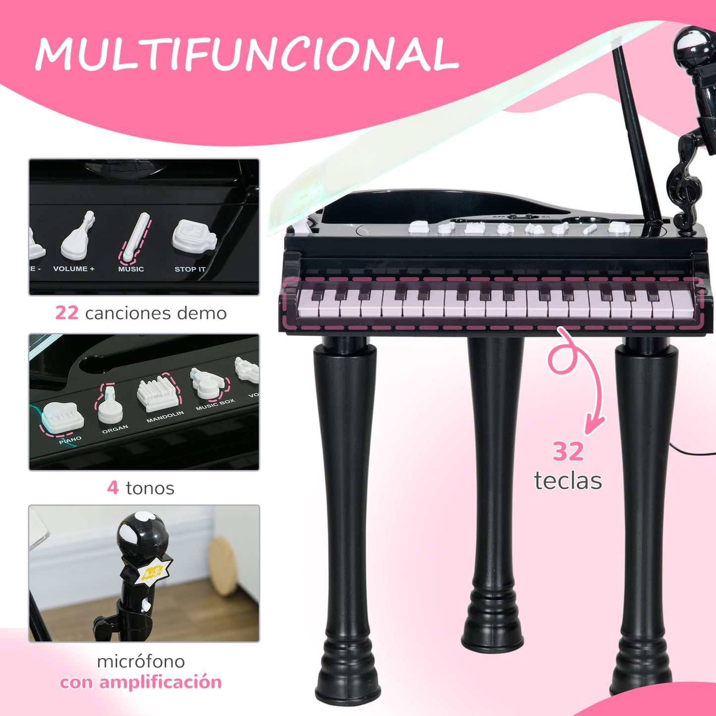 AIYAPLAY Piano Electrónico Infantil de 32 Teclas Juego de Piano con Micrófono Taburete Luces 22 Canciones 4 Sonidos Patas Desmontables y Volumen Ajustable 37x30,5x60,4 cm Negro