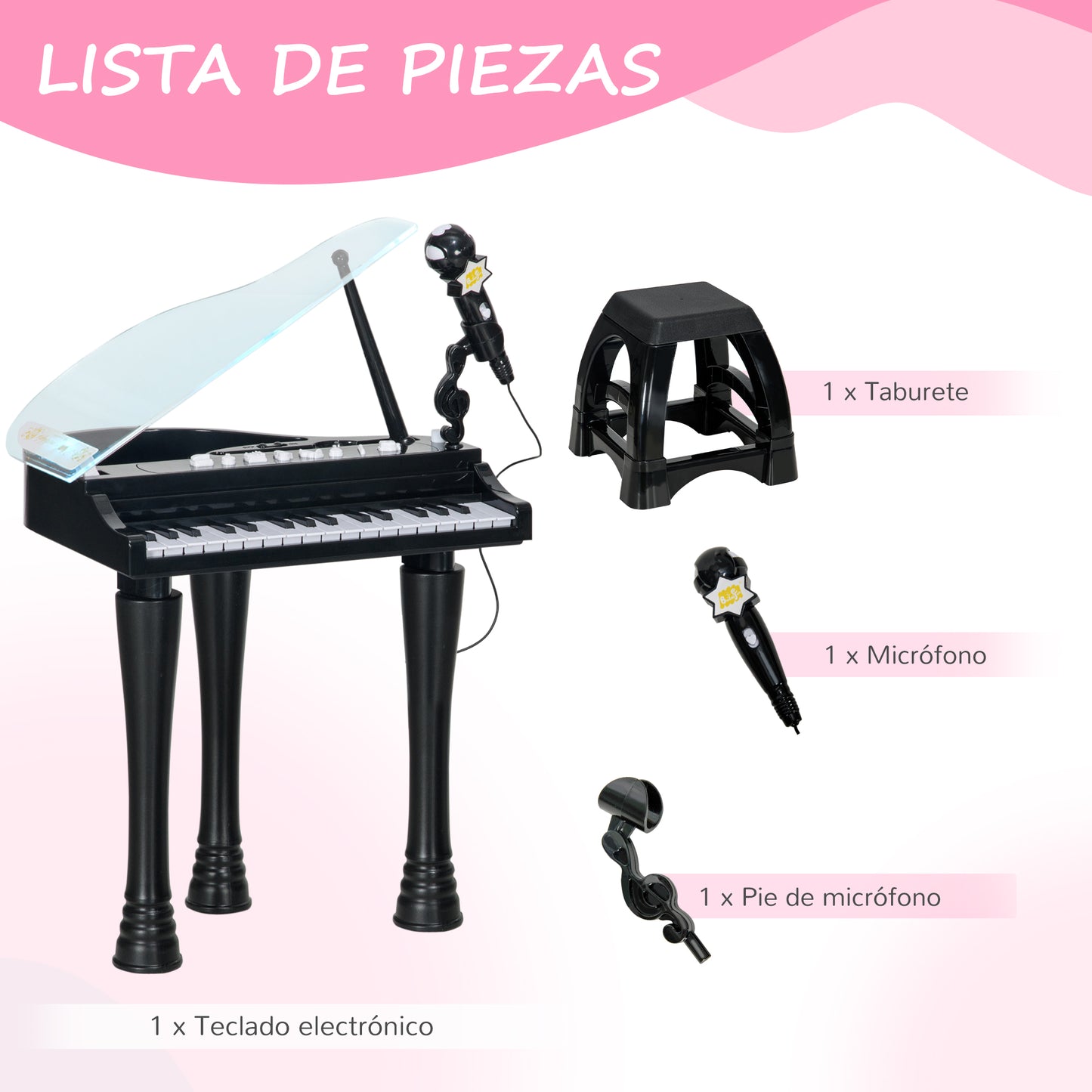 AIYAPLAY Piano Electrónico Infantil de 32 Teclas Juego de Piano con Micrófono Taburete Luces 22 Canciones 4 Sonidos Patas Desmontables y Volumen Ajustable 37x30,5x60,4 cm Negro