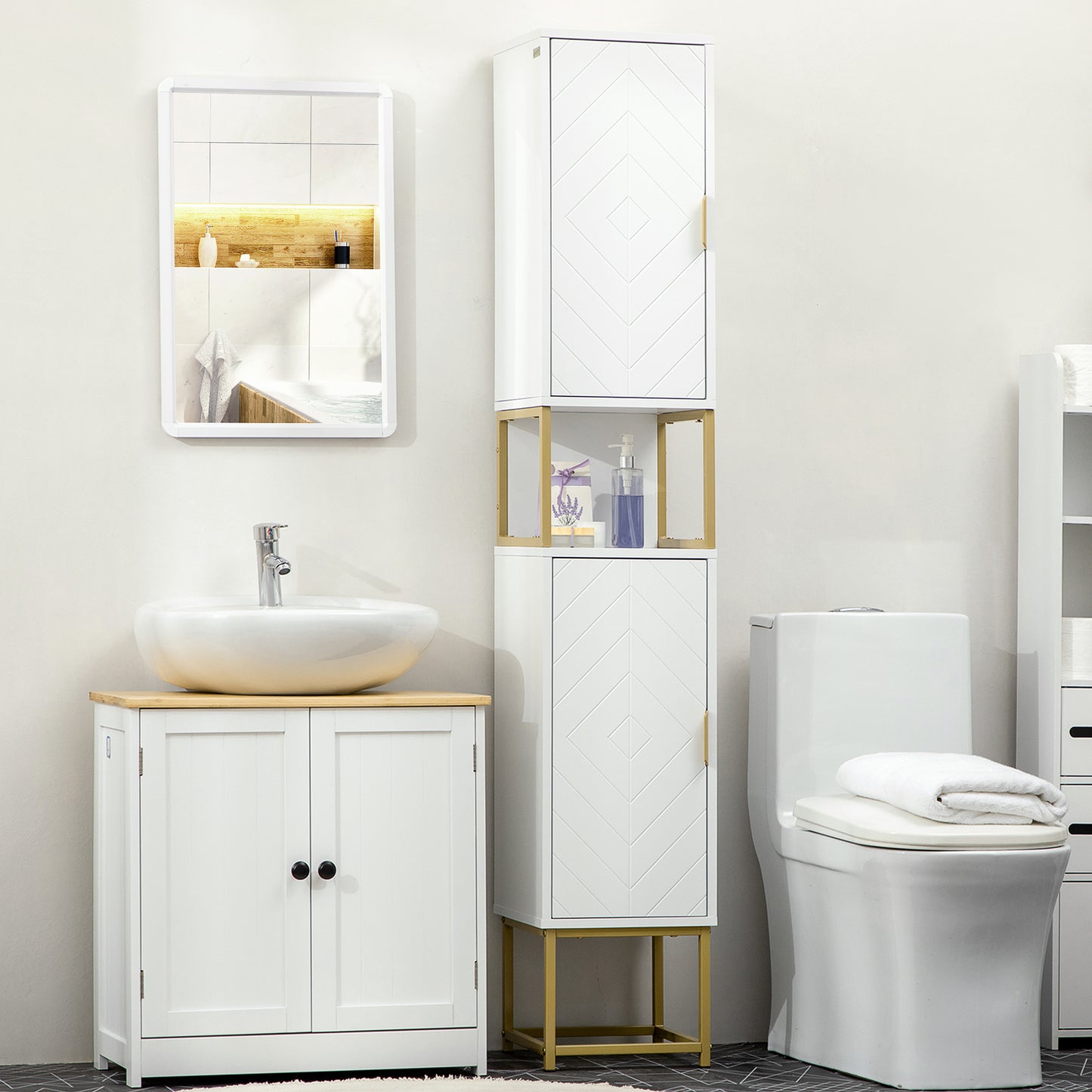 kleankin Columna de Baño Mueble Auxiliar de Baño Armario de Baño con 2 Puertas Compartimiento y Estantes Ajustables Antivuelco Estilo Moderno 30x30x170,7 cm Blanco