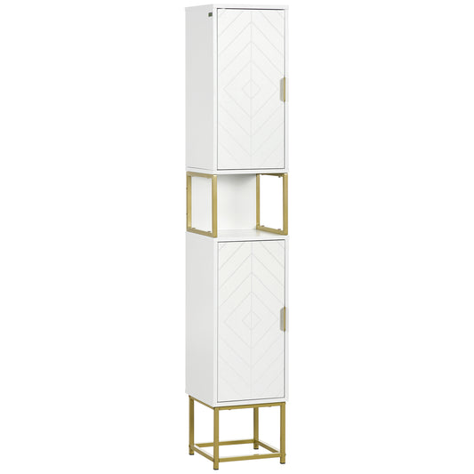 kleankin Columna de Baño Mueble Auxiliar de Baño Armario de Baño con 2 Puertas Compartimiento y Estantes Ajustables Antivuelco Estilo Moderno 30x30x170,7 cm Blanco