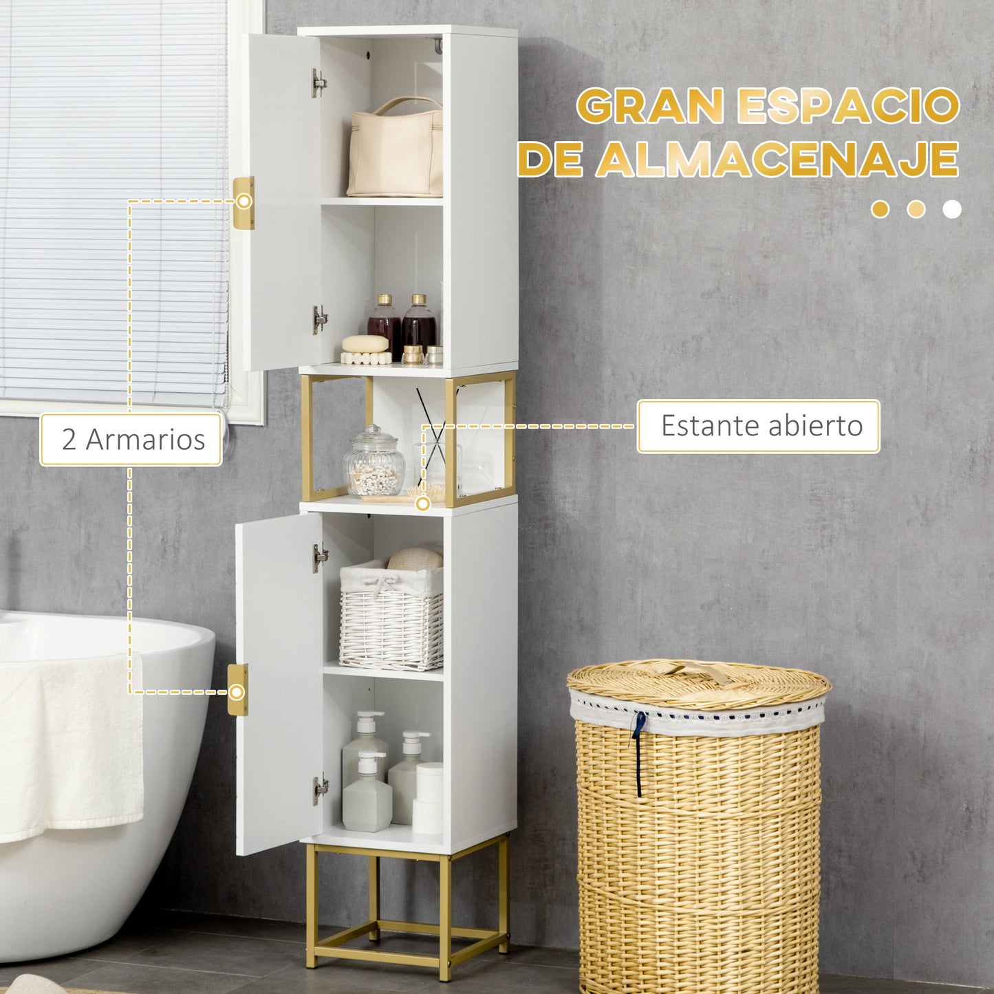 kleankin Columna de Baño Mueble Auxiliar de Baño Armario de Baño con 2 Puertas Compartimiento y Estantes Ajustables Antivuelco Estilo Moderno 30x30x170,7 cm Blanco