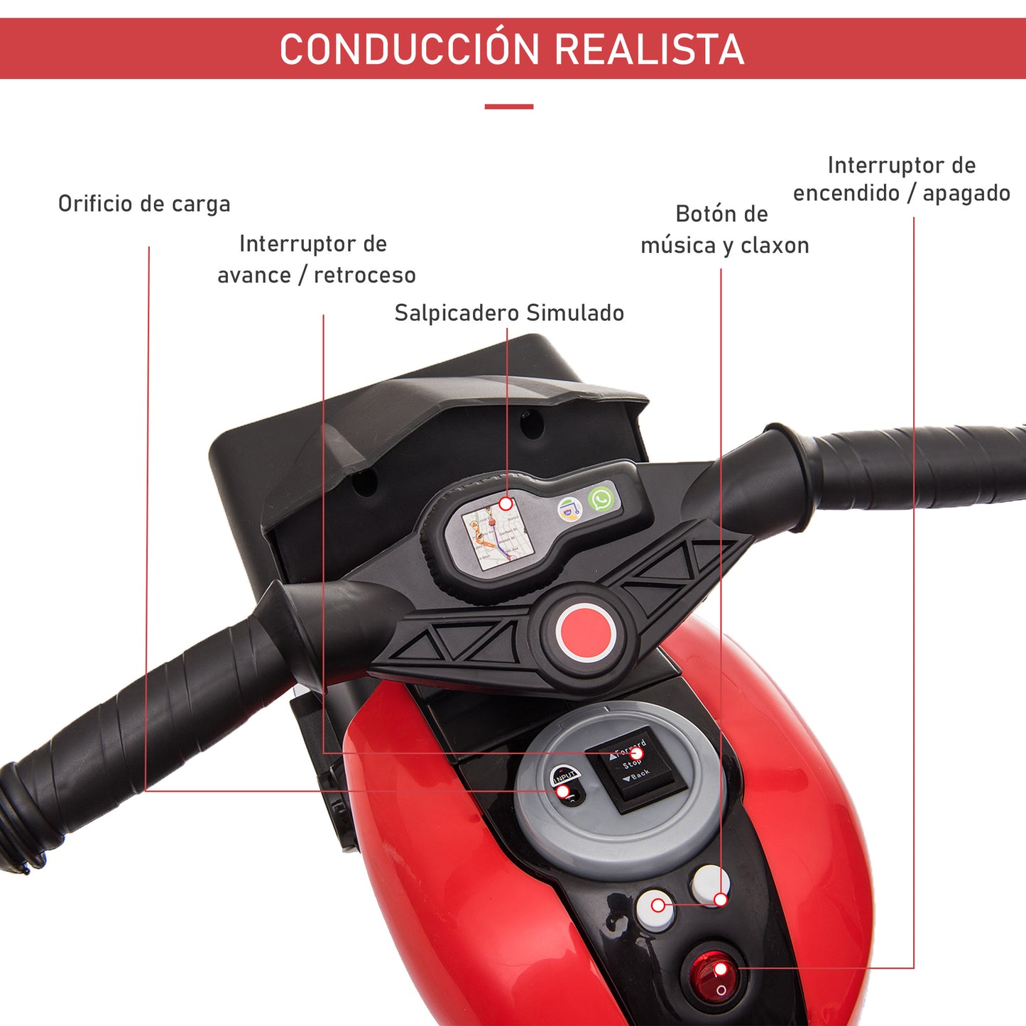 HOMCOM Moto Eléctrica para Niños de +3 Años Moto de Batería 6V con Luces Música Bocina Neumáticos Anchos Moto para Niños con Velocidad 3 km/h Rojo y Negro