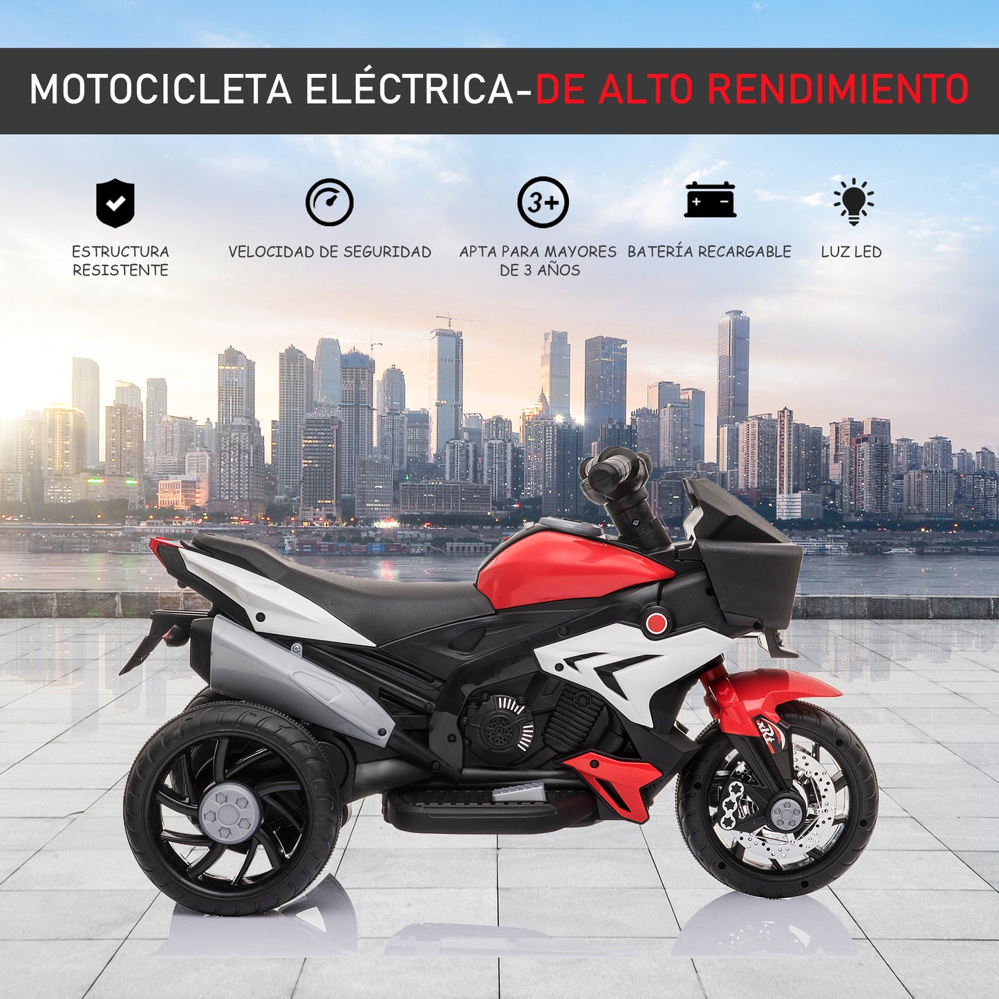 HOMCOM Moto Eléctrica para Niños de +3 Años Moto de Batería 6V con Luces Música Bocina Neumáticos Anchos Moto para Niños con Velocidad 3 km/h Rojo y Negro