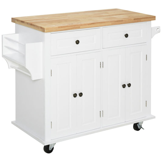 HOMCOM Isla de Cocina con Ruedas Carro de Cocina Mueble Auxiliar de Cocina con 2 Cajones 4 Puertas Especiero y Barra Lateral para Comedor 111x44,5x82,5 cm Blanco