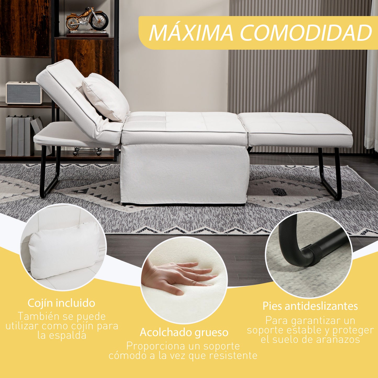 HOMCOM Sofá Cama Plegable 3 en 1 Sofá Cama de 1 Plaza Tapizado en Lino Sofá Cama Convertible con Respaldo Ajustable en 5 Posiciones Reposapiés y Reposacabezas Carga 200 kg Crema