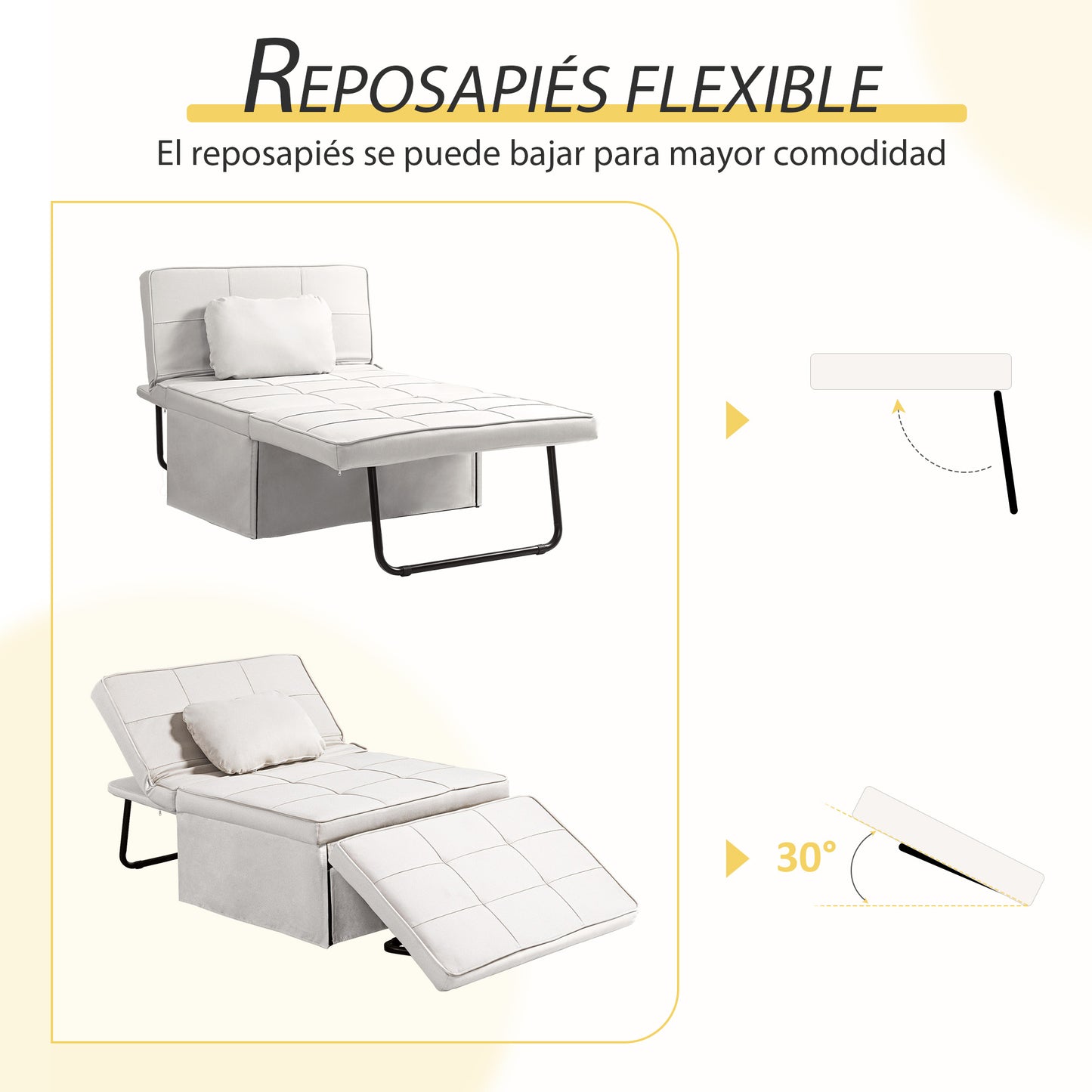 HOMCOM Sofá Cama Plegable 3 en 1 Sofá Cama de 1 Plaza Tapizado en Lino Sofá Cama Convertible con Respaldo Ajustable en 5 Posiciones Reposapiés y Reposacabezas Carga 200 kg Crema