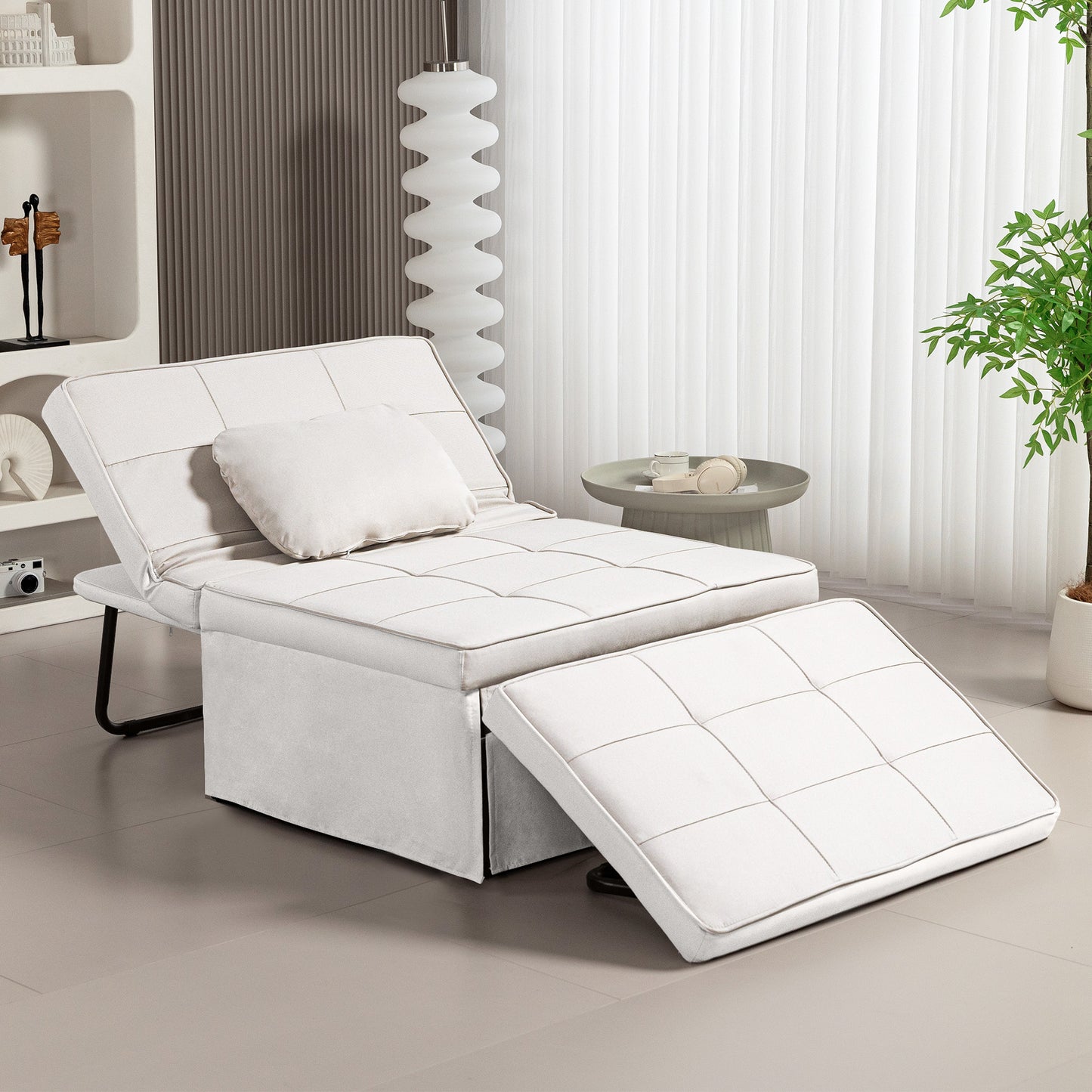 HOMCOM Sofá Cama Plegable 3 en 1 Sofá Cama de 1 Plaza Tapizado en Lino Sofá Cama Convertible con Respaldo Ajustable en 5 Posiciones Reposapiés y Reposacabezas Carga 200 kg Crema