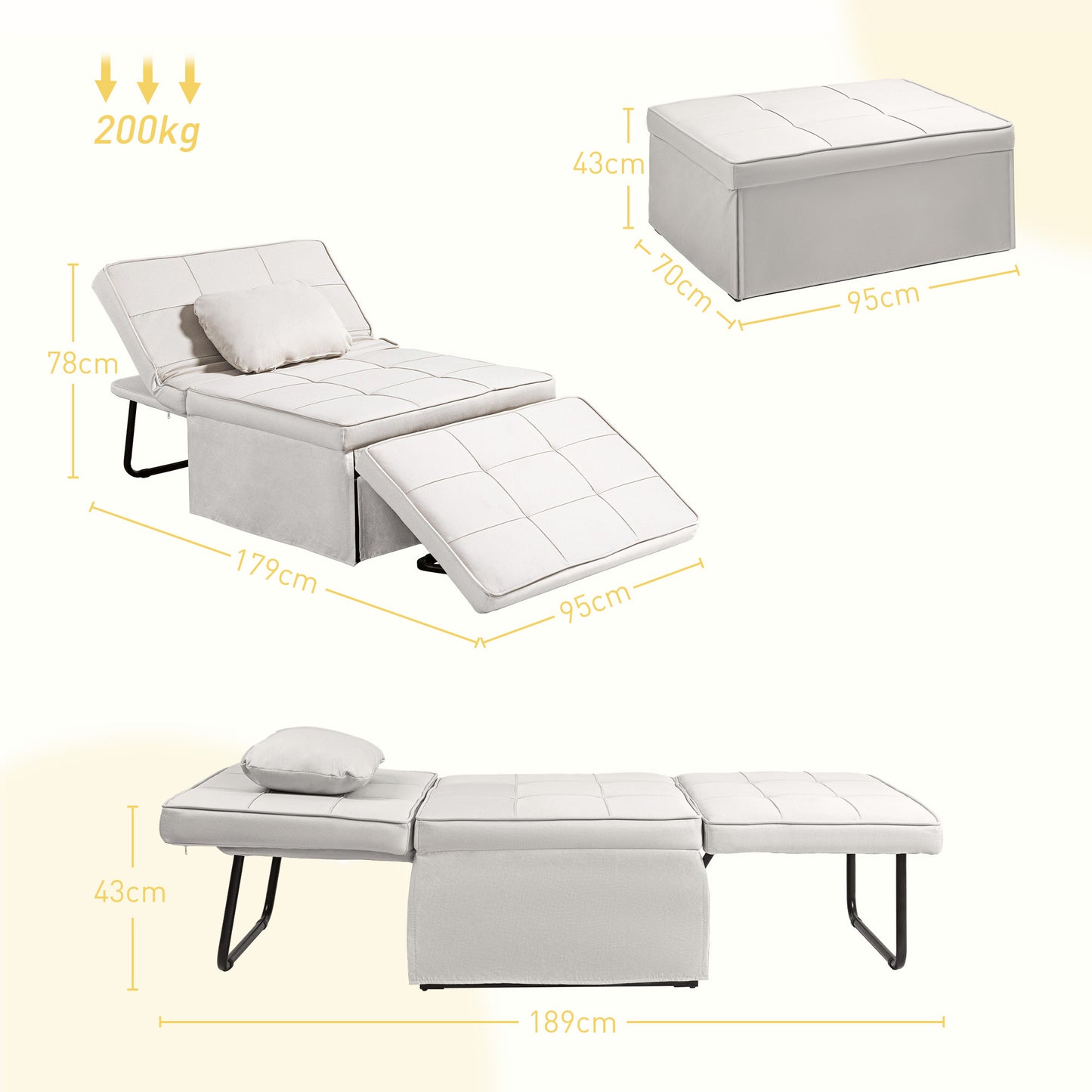 HOMCOM Sofá Cama Plegable 3 en 1 Sofá Cama de 1 Plaza Tapizado en Lino Sofá Cama Convertible con Respaldo Ajustable en 5 Posiciones Reposapiés y Reposacabezas Carga 200 kg Crema