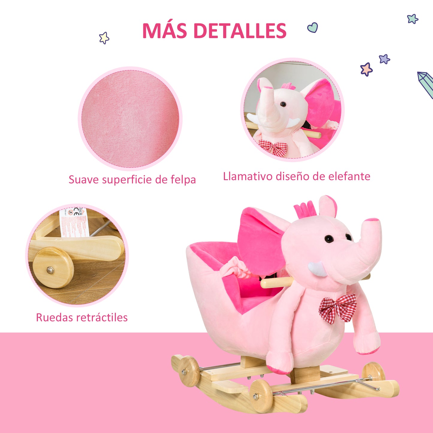 HOMCOM Caballito Balancín con Ruedas Forma de Elefante Caballo Balancín para Bebés de +18 Meses con Músicas Infantiles y Cinturón de Seguridad Carga 60 kg 60x35x45 cm Rosa