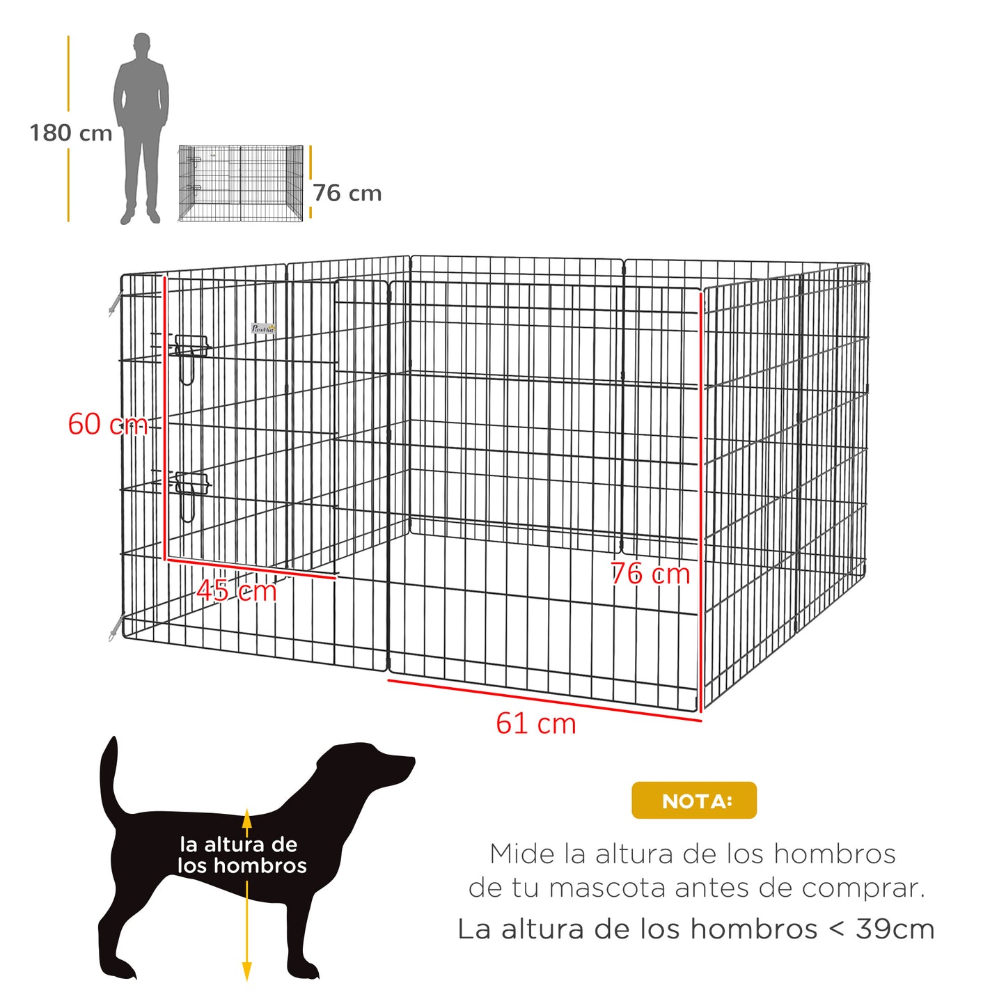 PawHut Parque para Perros de 8 Paneles 76x61 cm Jaula Metálica para Mascotas Vallas para Perros Plegables con Puerta y Doble Cerradura para Jardín Patio Exterior Negro