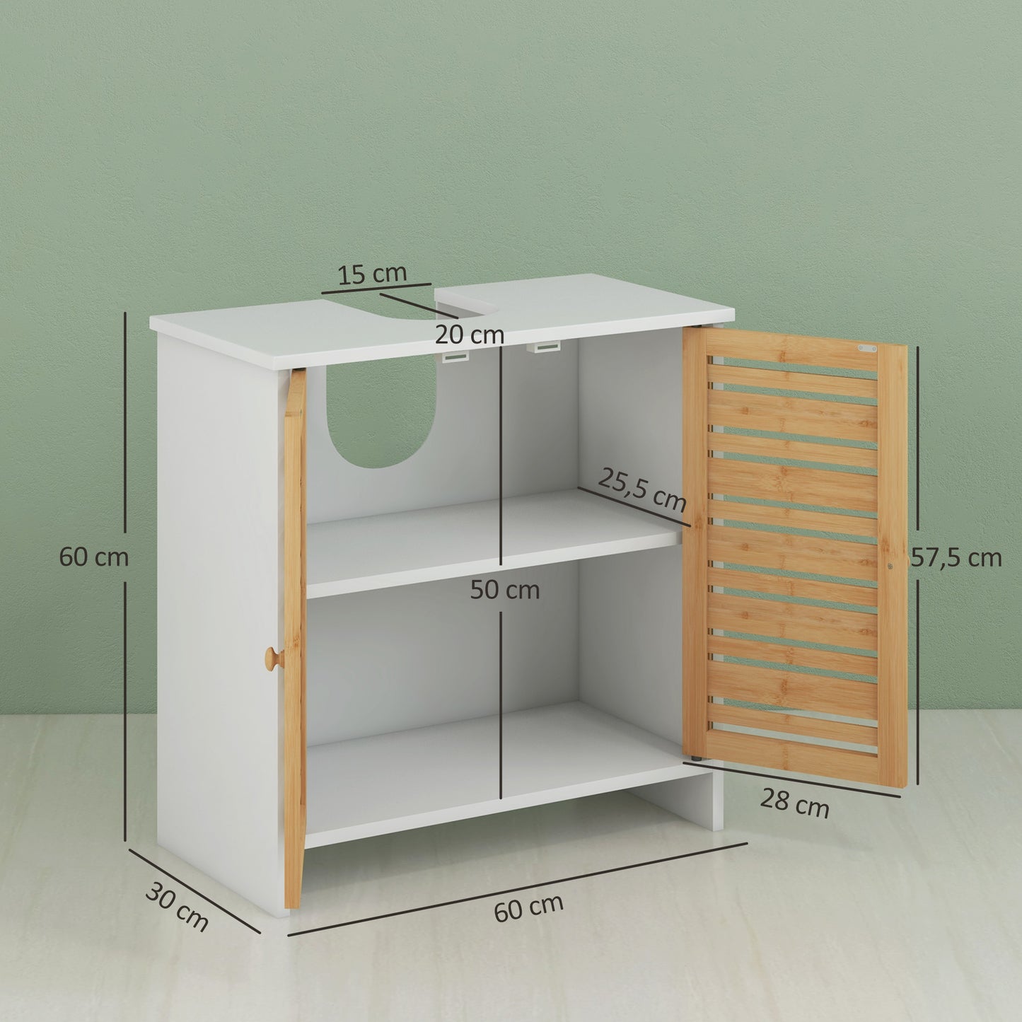 HOMCOM Mueble Bajo Lavabo Mueble para Debajo del Lavabo Moderno con Puertas Magnéticas de Bambú y Estante Ajustable 60x30x60 cm Blanco y Natural