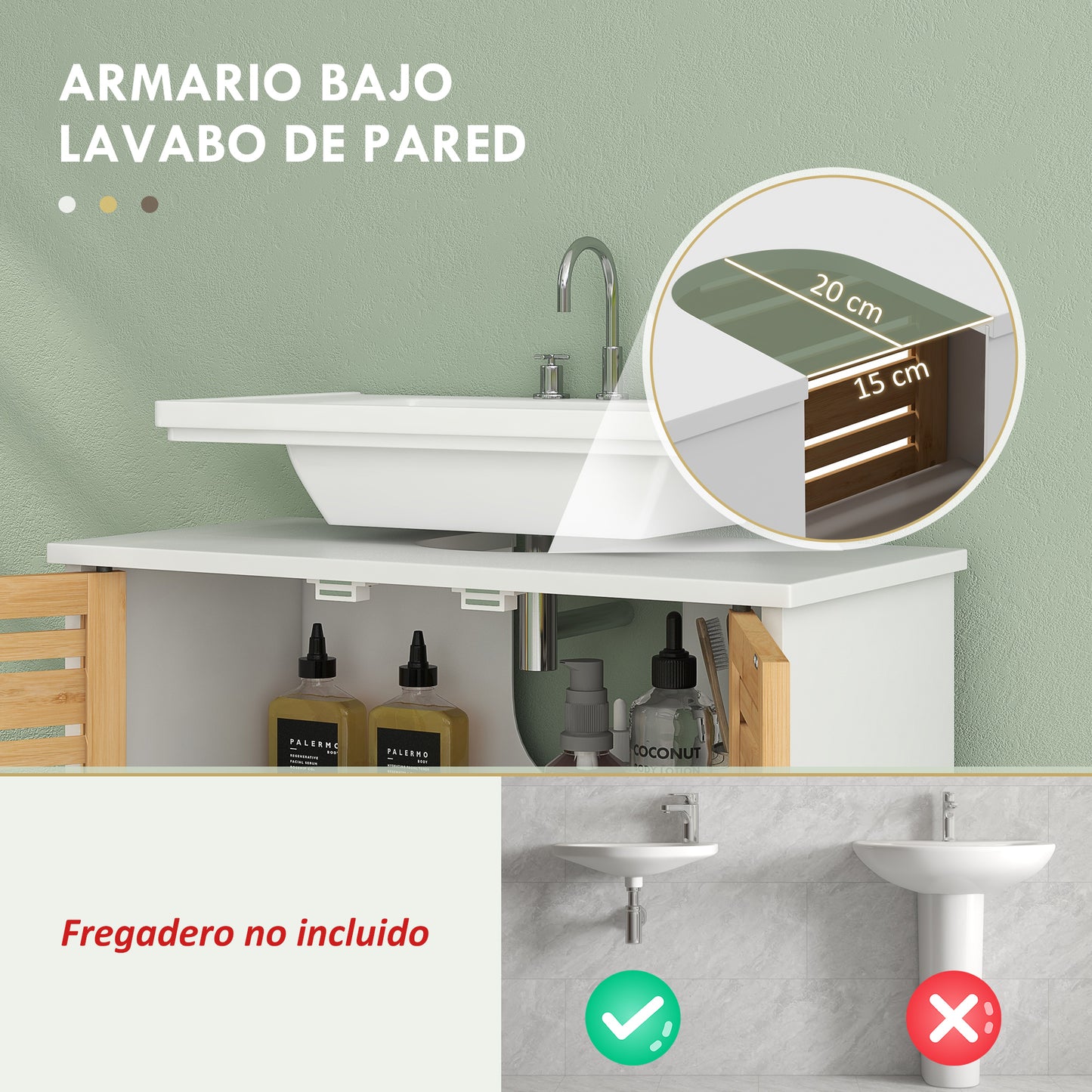 HOMCOM Mueble Bajo Lavabo Mueble para Debajo del Lavabo Moderno con Puertas Magnéticas de Bambú y Estante Ajustable 60x30x60 cm Blanco y Natural