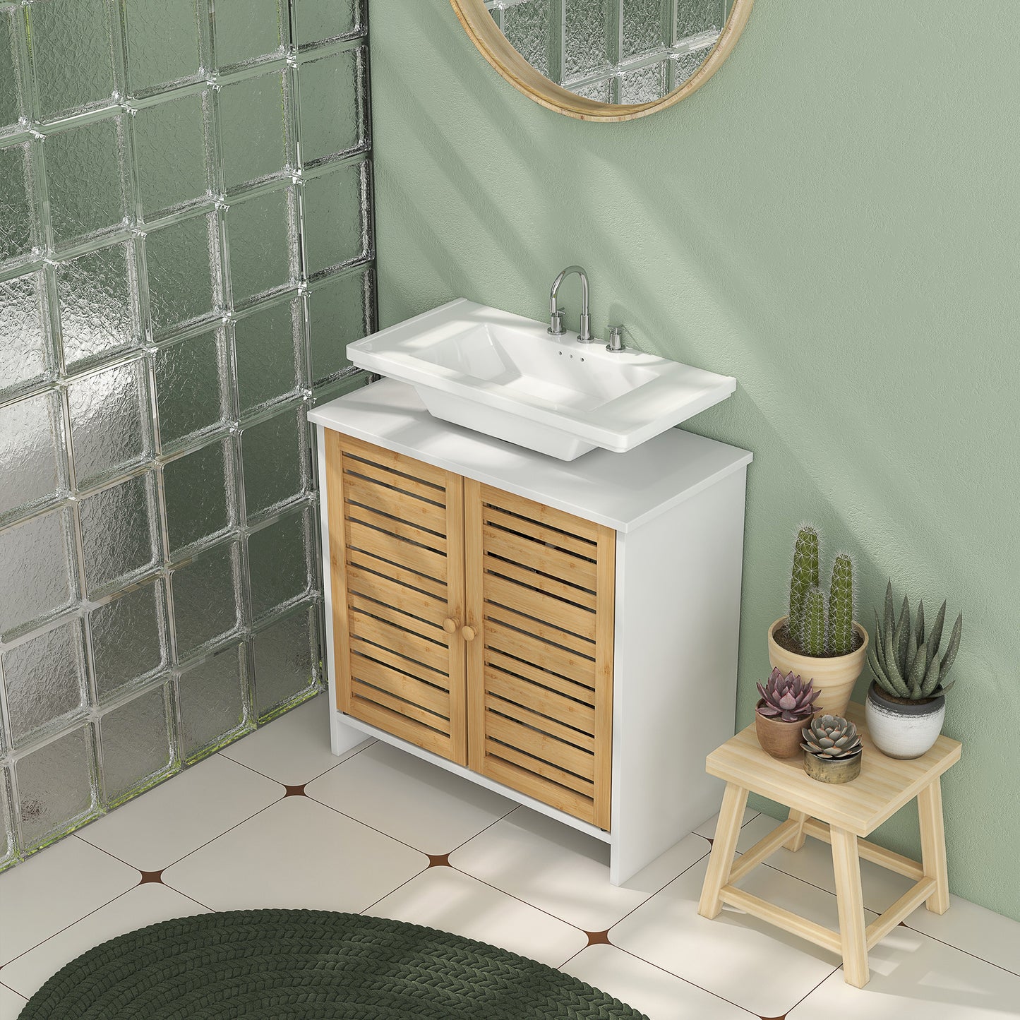 HOMCOM Mueble Bajo Lavabo Mueble para Debajo del Lavabo Moderno con Puertas Magnéticas de Bambú y Estante Ajustable 60x30x60 cm Blanco y Natural