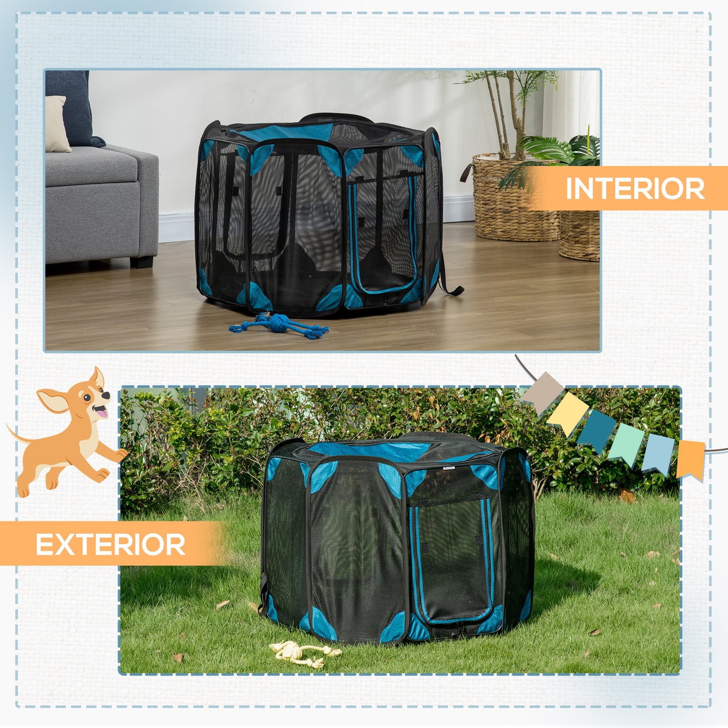 PawHut Parque Plegable para Perros y Gatos de 8 Paneles Parque de Juego para Mascotas con Bolsa de Transporte Recinto Portátil para Conejos Conejillos de Indias para Interior y Exterior Ø91x58 cm Azul