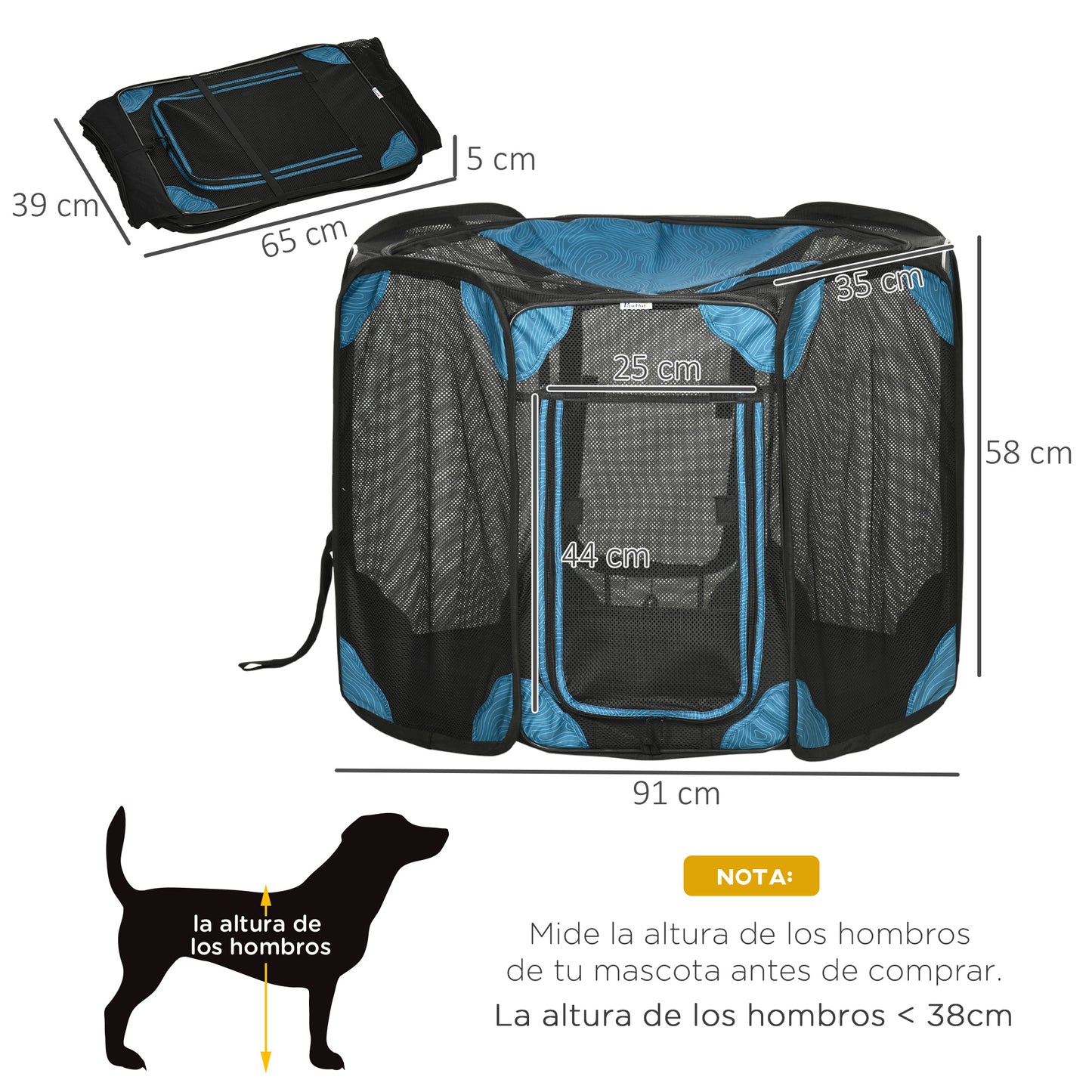 PawHut Parque Plegable para Perros y Gatos de 8 Paneles Parque de Juego para Mascotas con Bolsa de Transporte Recinto Portátil para Conejos Conejillos de Indias para Interior y Exterior Ø91x58 cm Azul