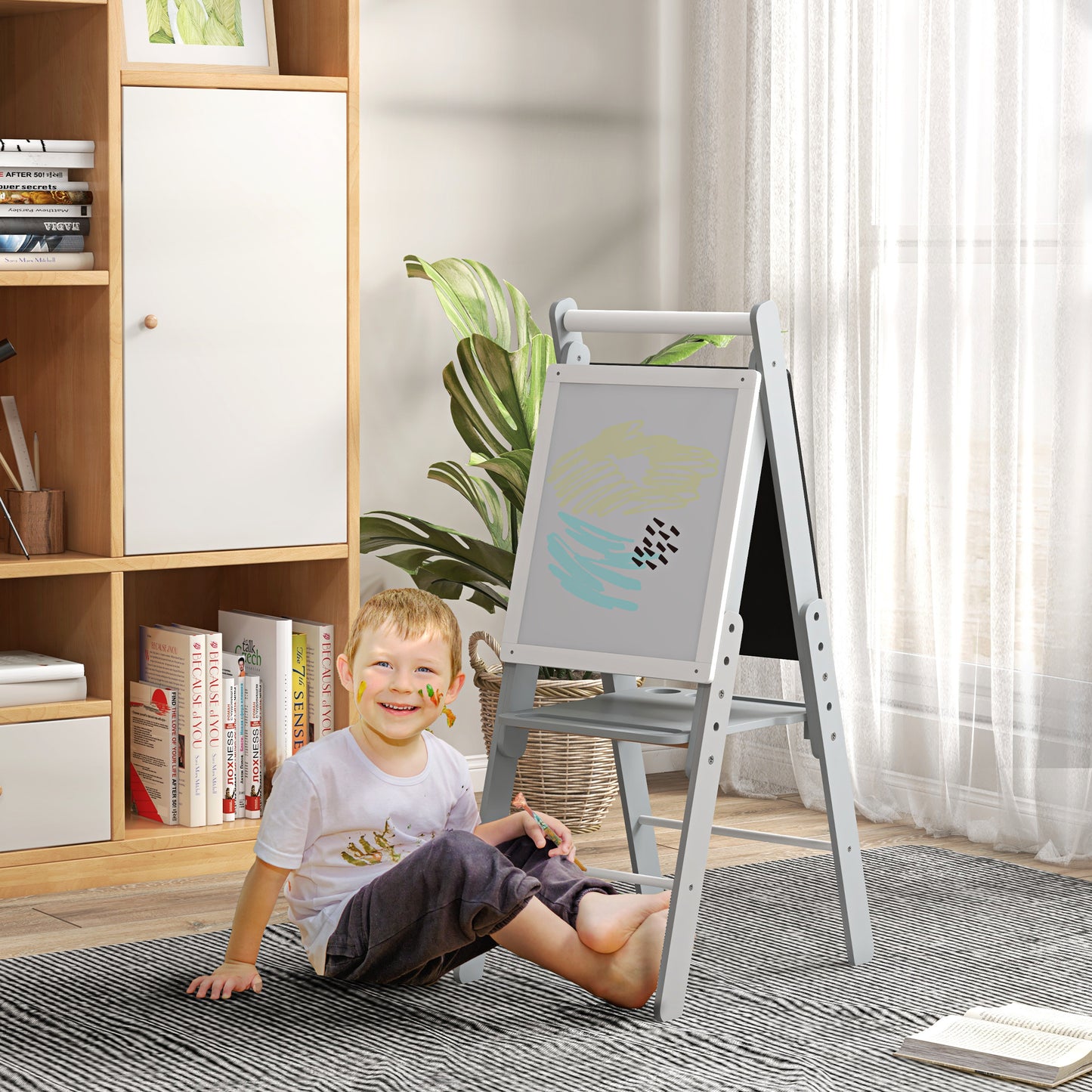 AIYAPLAY Caballete para Niños con Altura Ajustable Caballete de Pizarra Blanca y Pizarra de Doble Cara Caballete de Arte de Dibujo 3 en 1 con Rollo de Papel 40x56x107/112/117 cm Gris