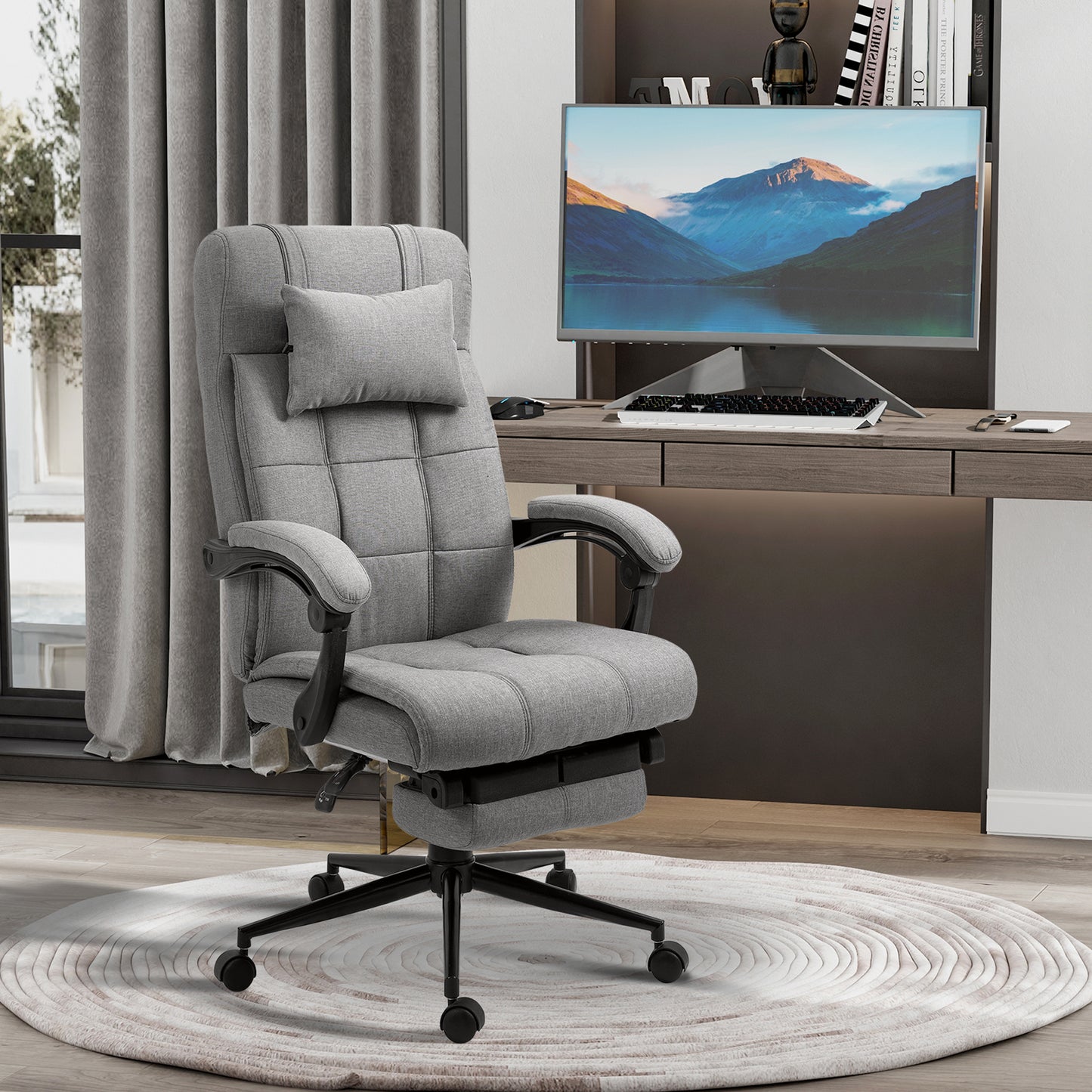 Vinsetto Silla de Oficina Reclinable Silla de Escritorio Giratoria Tapizado de Tela con Altura Ajustable Reposapiés Reposacabezas y Reposabrazos Carga 120 kg para Estudio 66x76x116-124 cm Gris