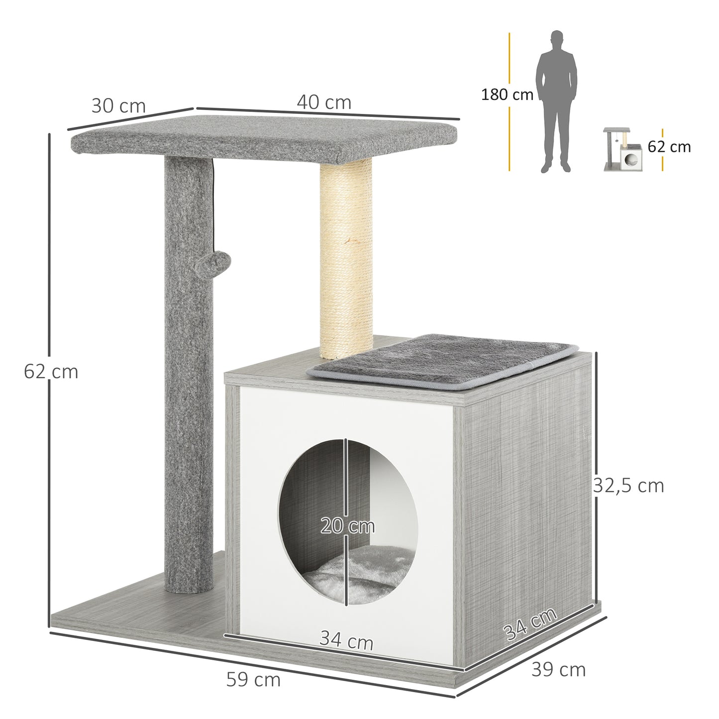 PawHut Árbol para Gatos 59x39x62 cm Rascador para Gatos de 3 Niveles con Plataformas Postes de Rascado Cueva de Madera Espaciosa Cojines Extraíbles Suaves Bola de Juguete Gris