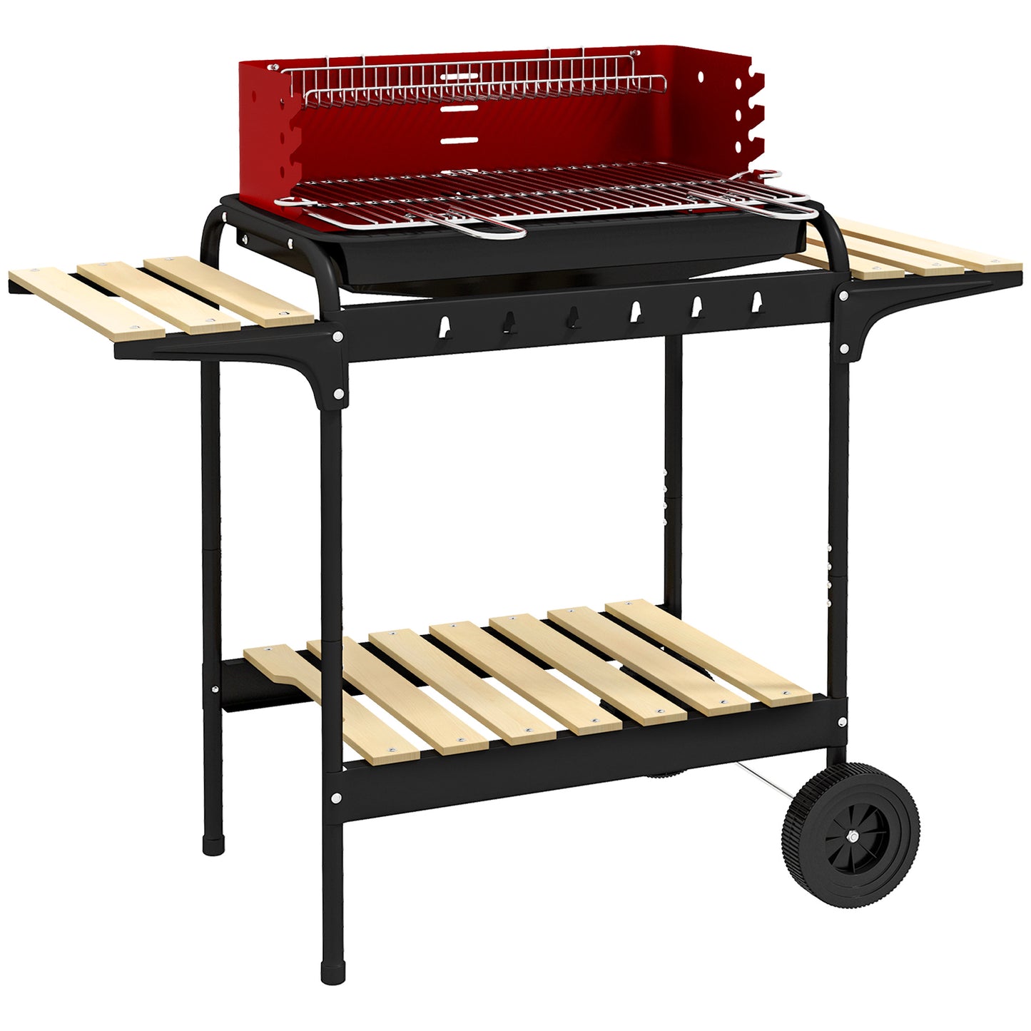 Outsunny Barbacoa de Carbón con Ruedas Barbacoa Portátil con Parrilla Ajustable en Altura Estantes y 6 Ganchos para Picnic Camping 103x47x95 cm Rojo y Negro