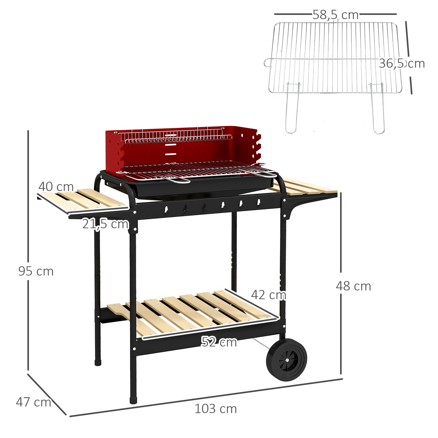 Outsunny Barbacoa de Carbón con Ruedas Barbacoa Portátil con Parrilla Ajustable en Altura Estantes y 6 Ganchos para Picnic Camping 103x47x95 cm Rojo y Negro