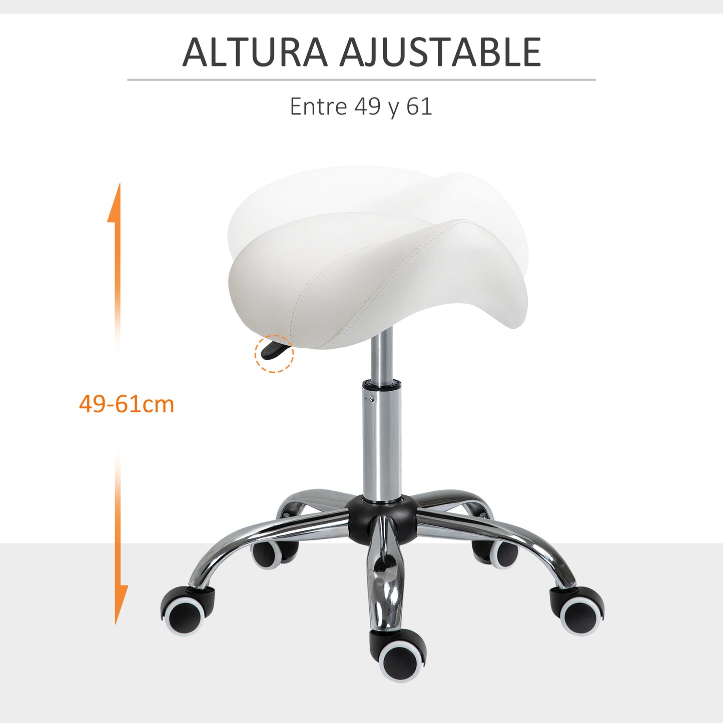 HOMCOM Taburete con Ruedas Taburete Giratoria con Altura Ajustable Taburete Cosmetica Dentista Peluqueria Carga 120 kg 52x53x49-61 cm Blanco