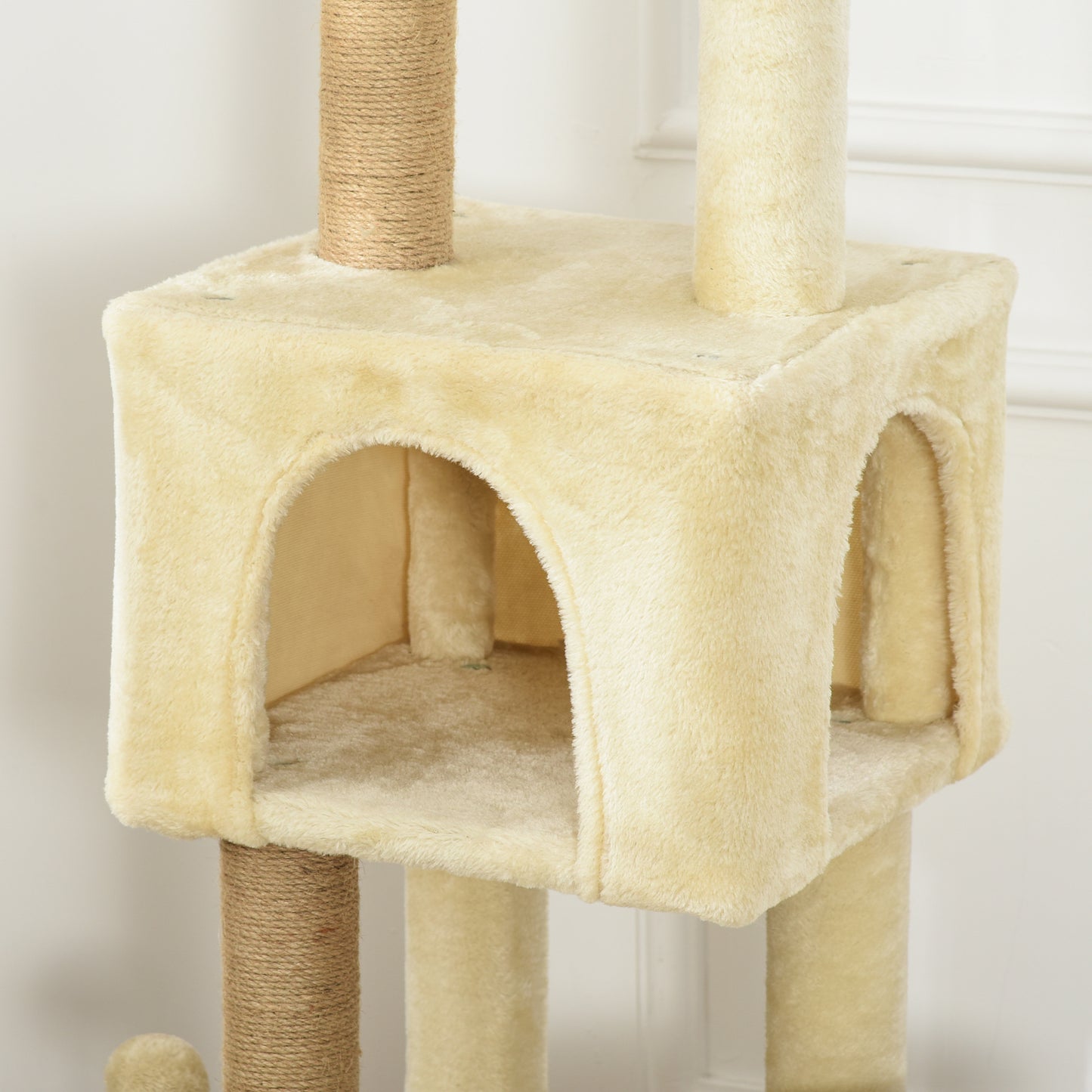 PawHut Árbol Rascador para Gatos Grande 60x34x136 cm Árbol para Gatos con Plataformas Cuevas de Felpa Desmontable Postes de Yute y Bola Colgante Beige