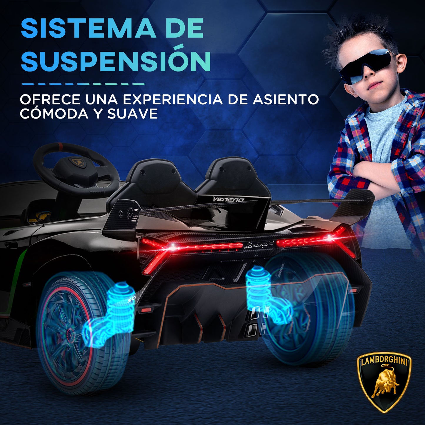 HOMCOM Coche Eléctrico Lamborghini para Niños de 3 a 6 Años Coche de Batería 12V Velocidad Max.7 km/h Puerta de Tijera con Control Remoto MP3 Luces y Cinturón de Seguridad 111x61x45 cm Negro