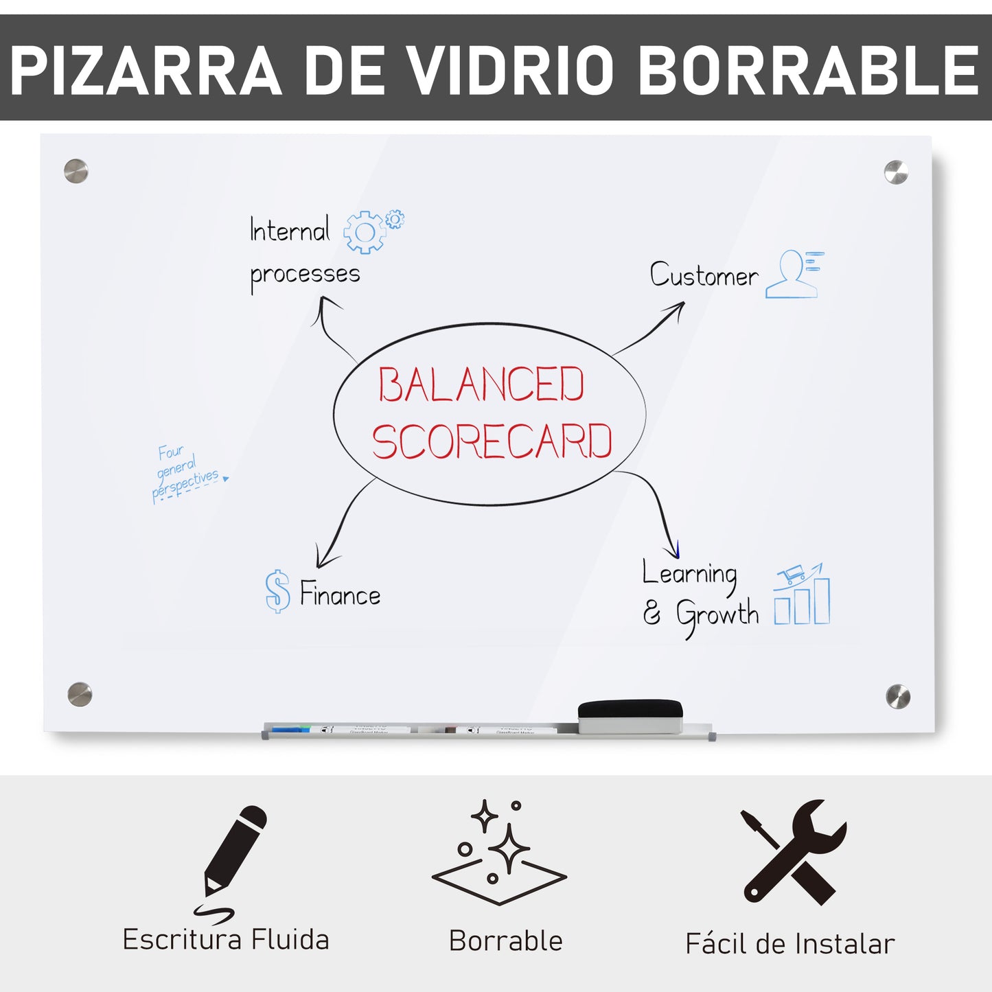 Vinsetto Pizarra de Cristal con Bandeja Pizarra de Pared sin Marco Incluye 4 Rotuladores y Borrador 90x60x0,45 cm Blanco