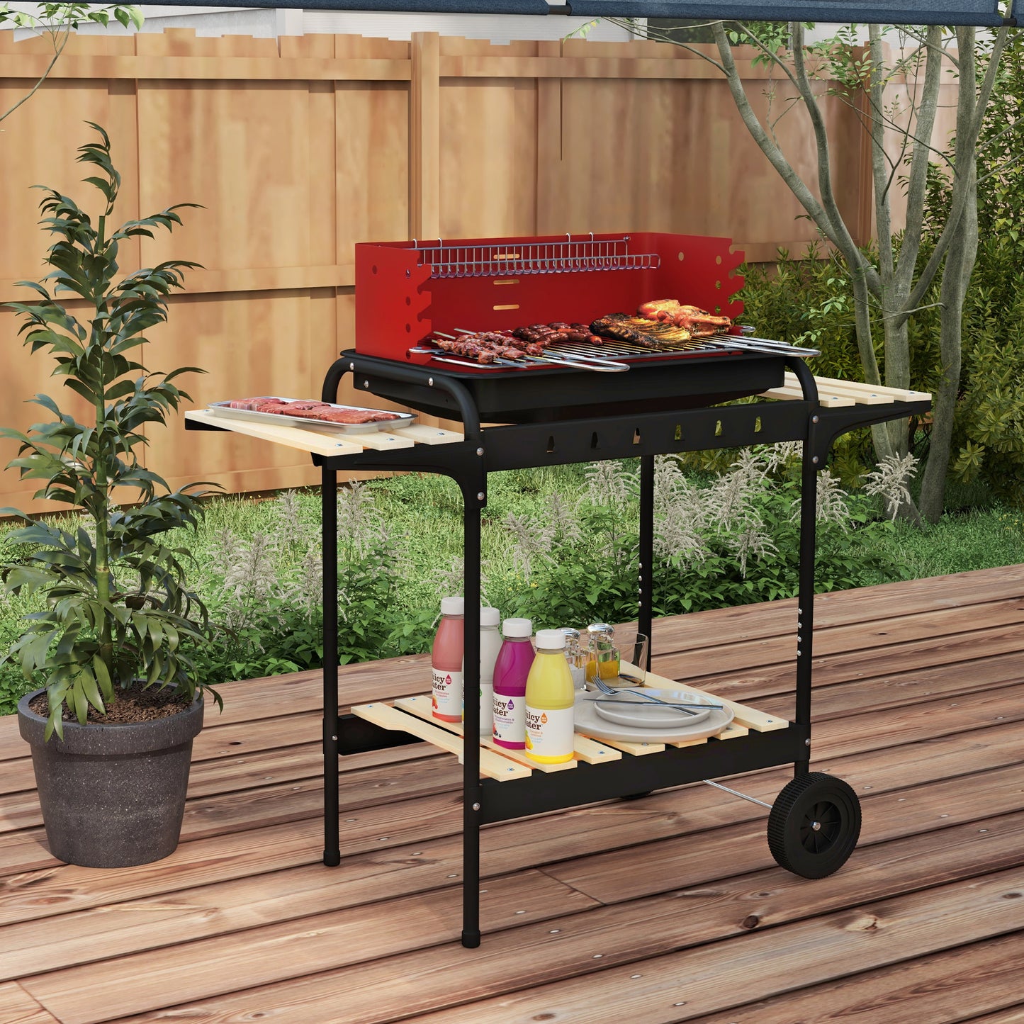 Outsunny Barbacoa de Carbón con Ruedas Barbacoa Portátil con Parrilla Ajustable en Altura Estantes y 6 Ganchos para Picnic Camping 103x47x95 cm Rojo y Negro