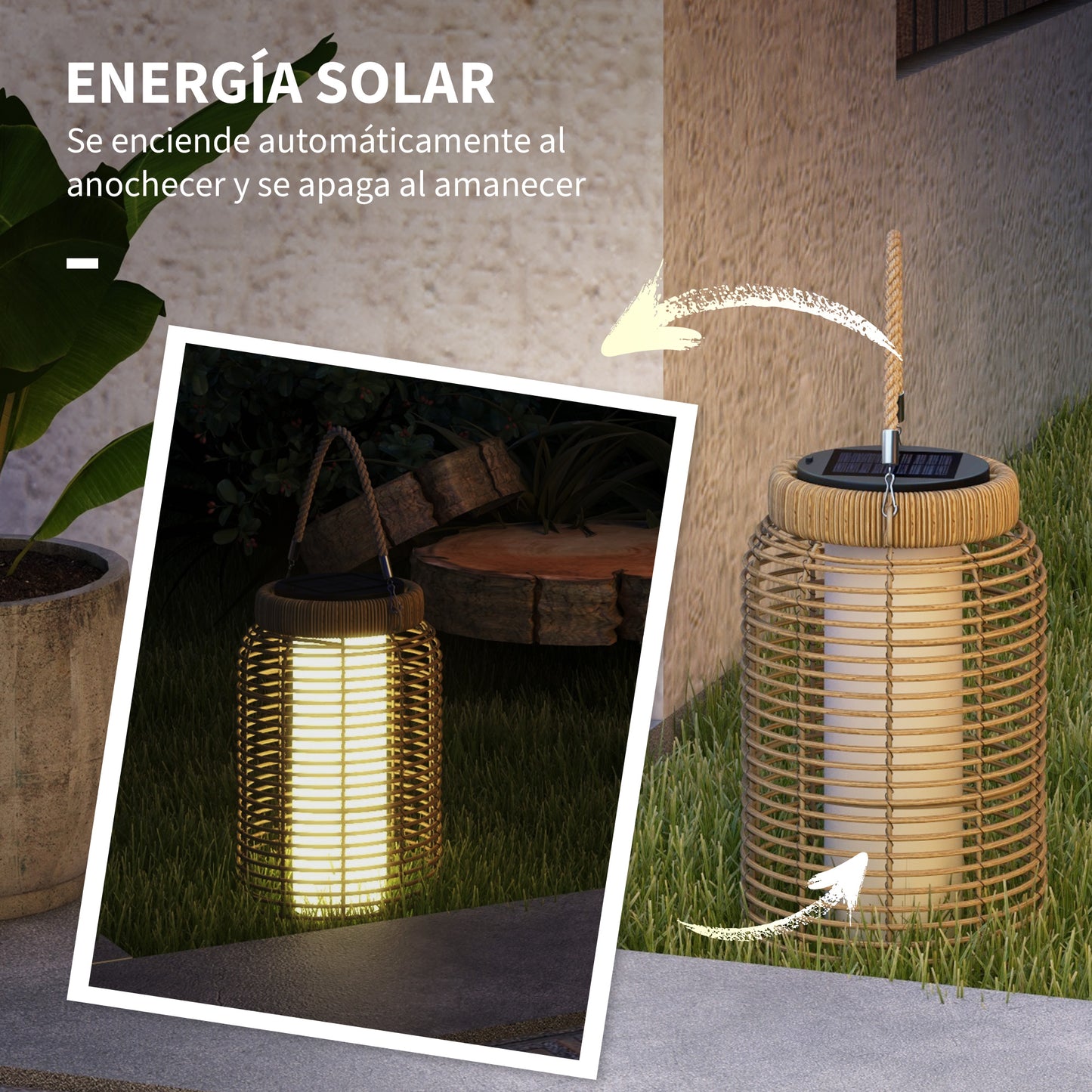 Outsunny Linterna de Jardín de Ratán Farola Solar de Exterior con Panel Solar Luces LED Encendido y Apagado Automático para Interior y Exterior Ø18x37 cm Arena