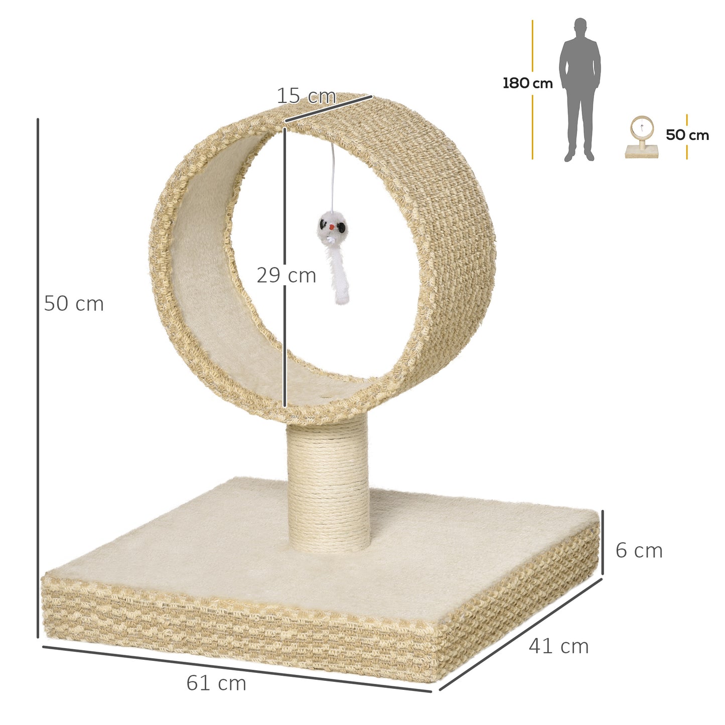 PawHut Árbol para Gatos Pequeño 61x41x50 cm Torre de Rascado de Gato con Túnel Superior Poste Rascador de Yute Natural y Juguete de Rata Colgante Beige