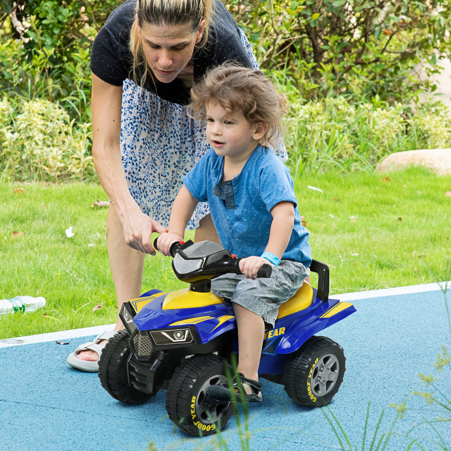 HOMCOM Quad Correpasillos para Niños 18-36 Meses Coche Cuatrimoto con Funciones de Luces Bocina y Espacio Secreto de Almacenaje 60x31x42 cm Azul