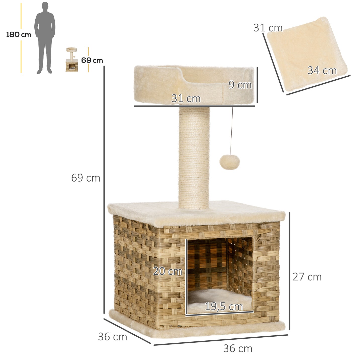 PawHut Árbol para Gatos Mediano Altura 69 cm con Cueva de Ratán Sintético Cojín Lavable Cama Superior Poste Rascador de Sisal y Bola Colgante 36x36x69 cm Beige