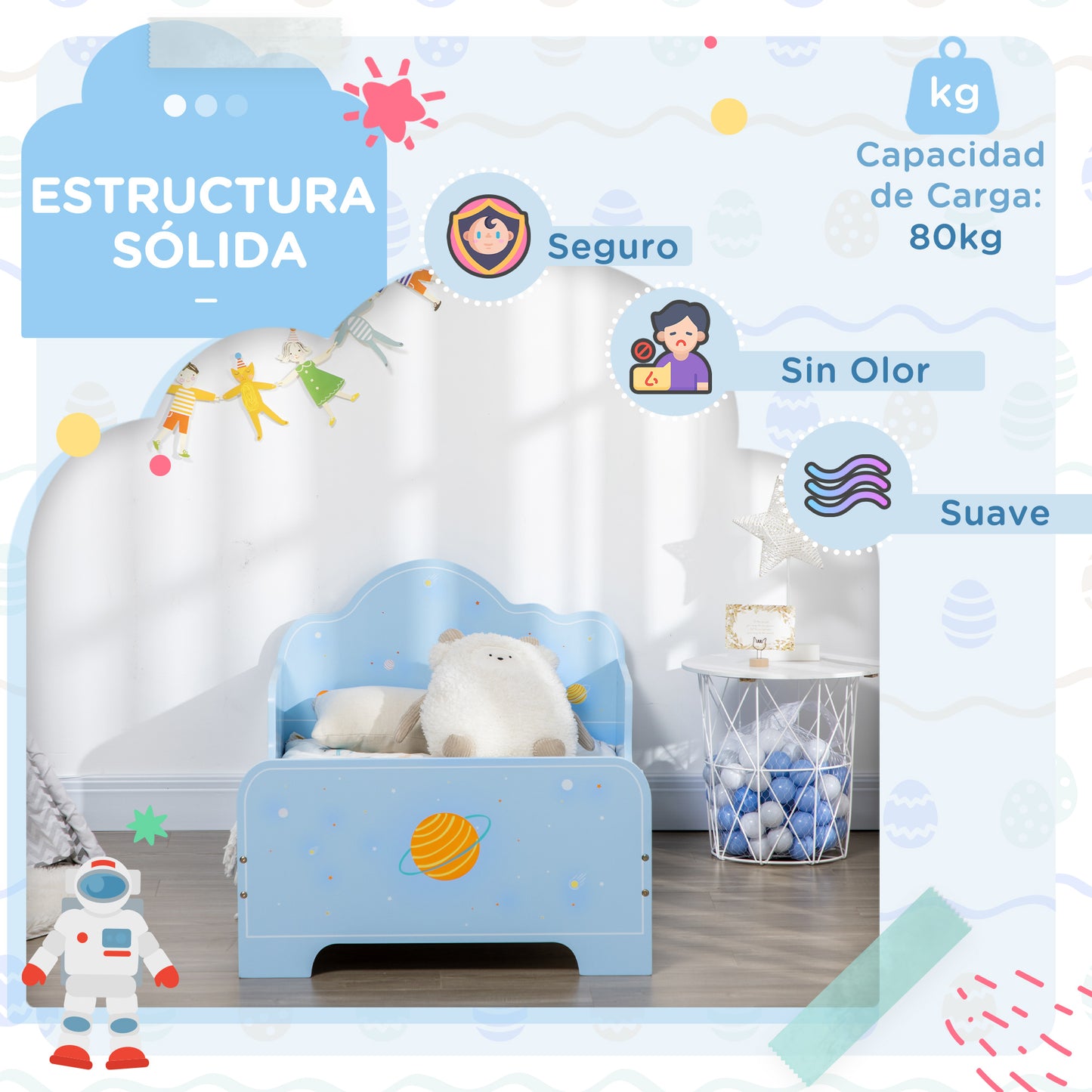 ZONEKIZ Cama para Niños de 3-6 Años 143x74x59 cm Cama Infantil de Madera con Barreras de Protección Carga Máx. 80 kg Mueble de Dormitorio Moderno Azul