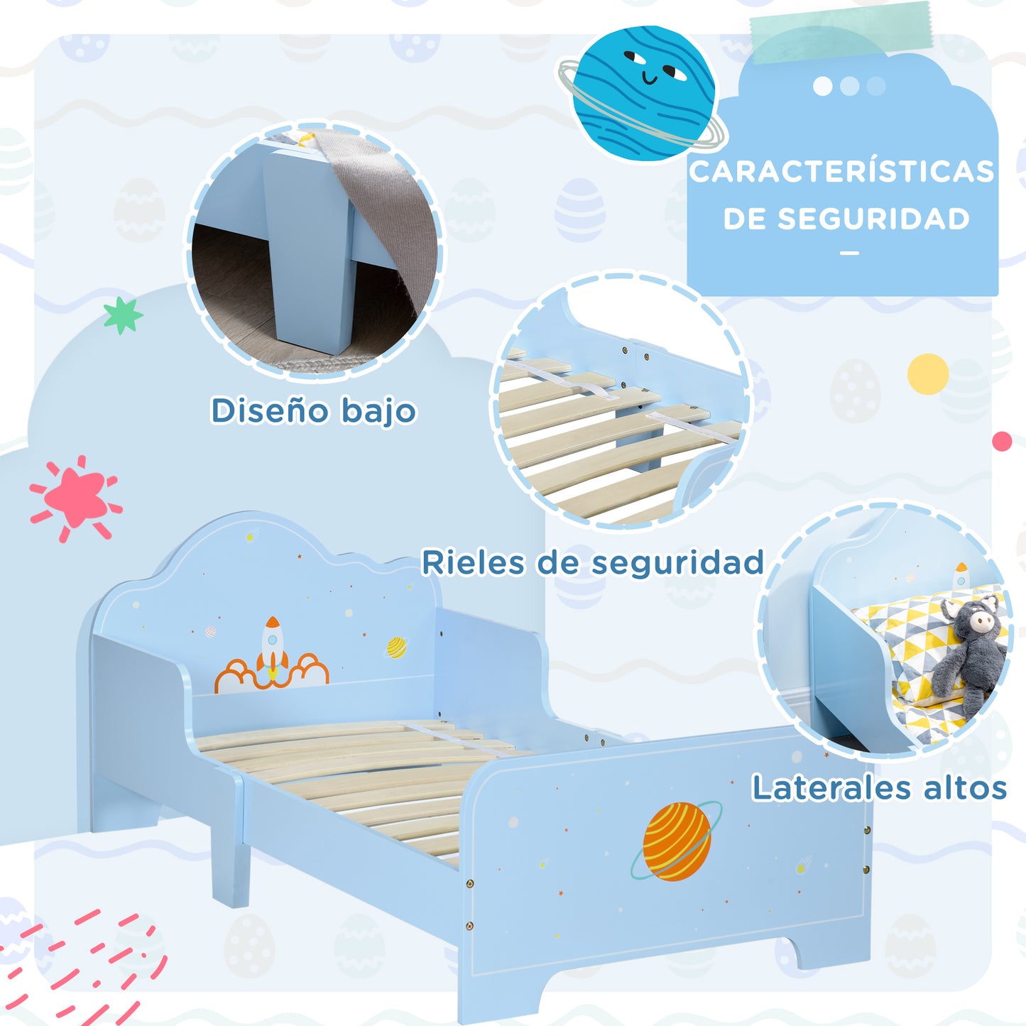 ZONEKIZ Cama para Niños de 3-6 Años 143x74x59 cm Cama Infantil de Madera con Barreras de Protección Carga Máx. 80 kg Mueble de Dormitorio Moderno Azul