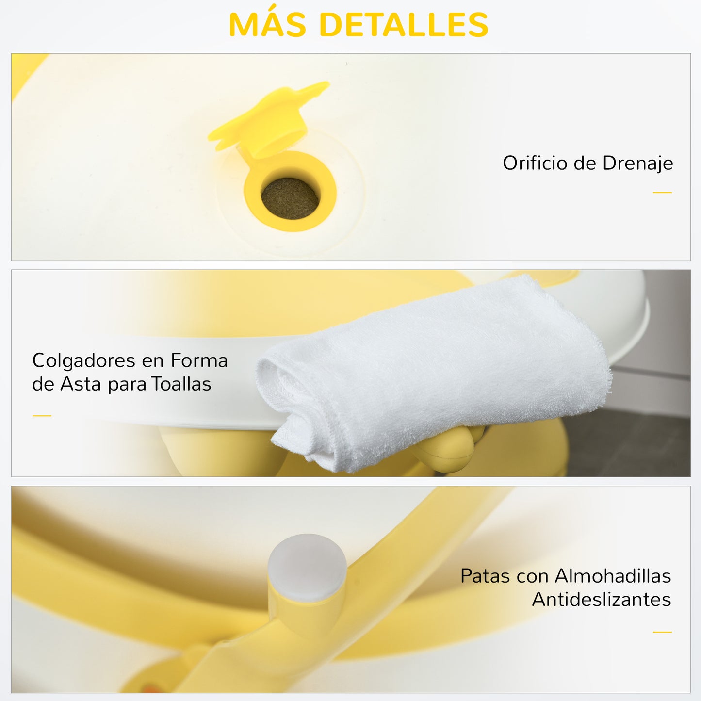 HOMCOM Bañera Plegable para Bebé Recién Nacido hasta 3 Años 81,5x50,5x23,5 cm con Tapón Termosensible Cojín y Almohadillas Antideslizantes Amarillo