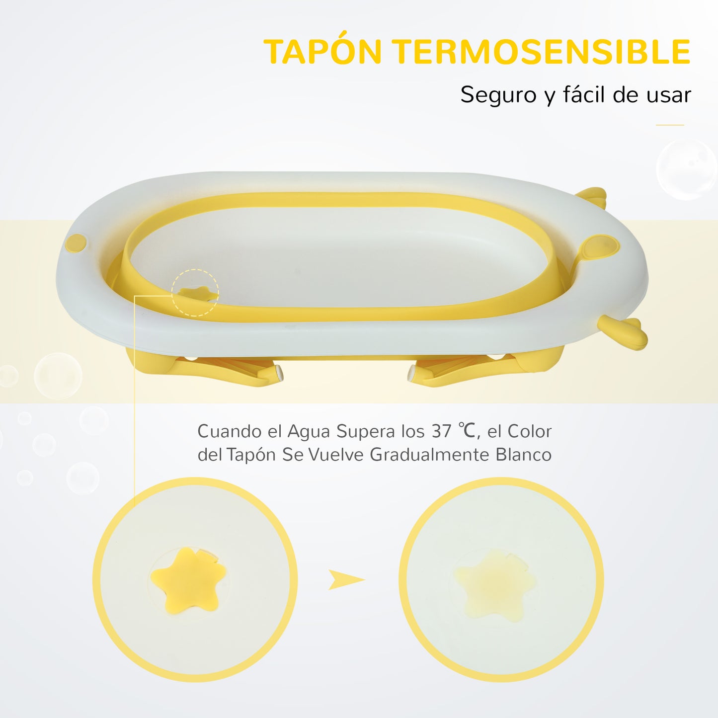 HOMCOM Bañera Plegable para Bebé Recién Nacido hasta 3 Años 81,5x50,5x23,5 cm con Tapón Termosensible Cojín y Almohadillas Antideslizantes Amarillo