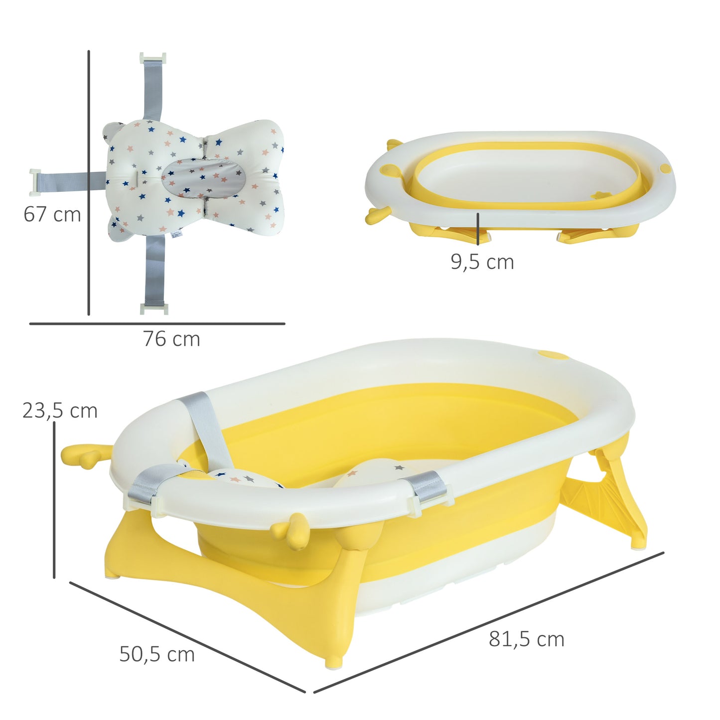 HOMCOM Bañera Plegable para Bebé Recién Nacido hasta 3 Años 81,5x50,5x23,5 cm con Tapón Termosensible Cojín y Almohadillas Antideslizantes Amarillo