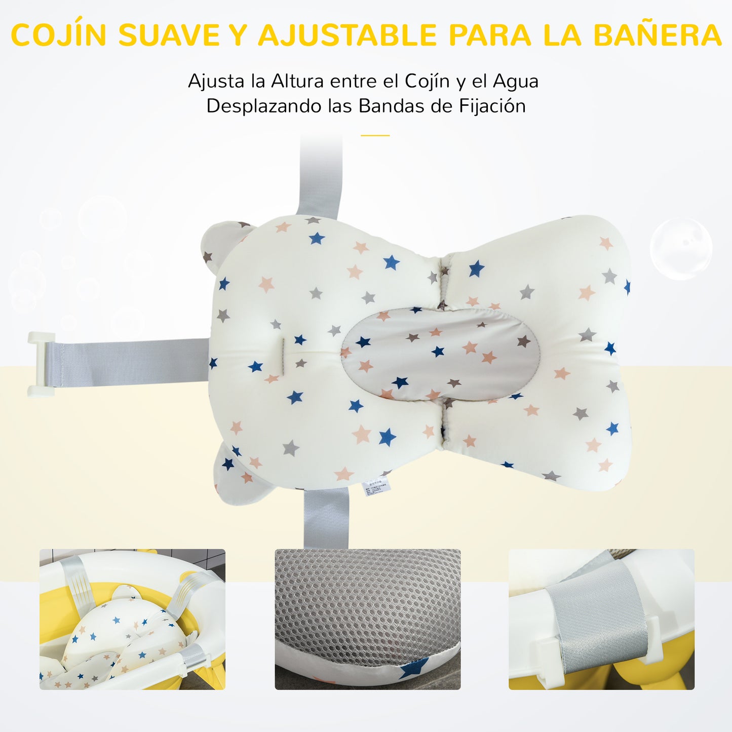 HOMCOM Bañera Plegable para Bebé Recién Nacido hasta 3 Años 81,5x50,5x23,5 cm con Tapón Termosensible Cojín y Almohadillas Antideslizantes Amarillo