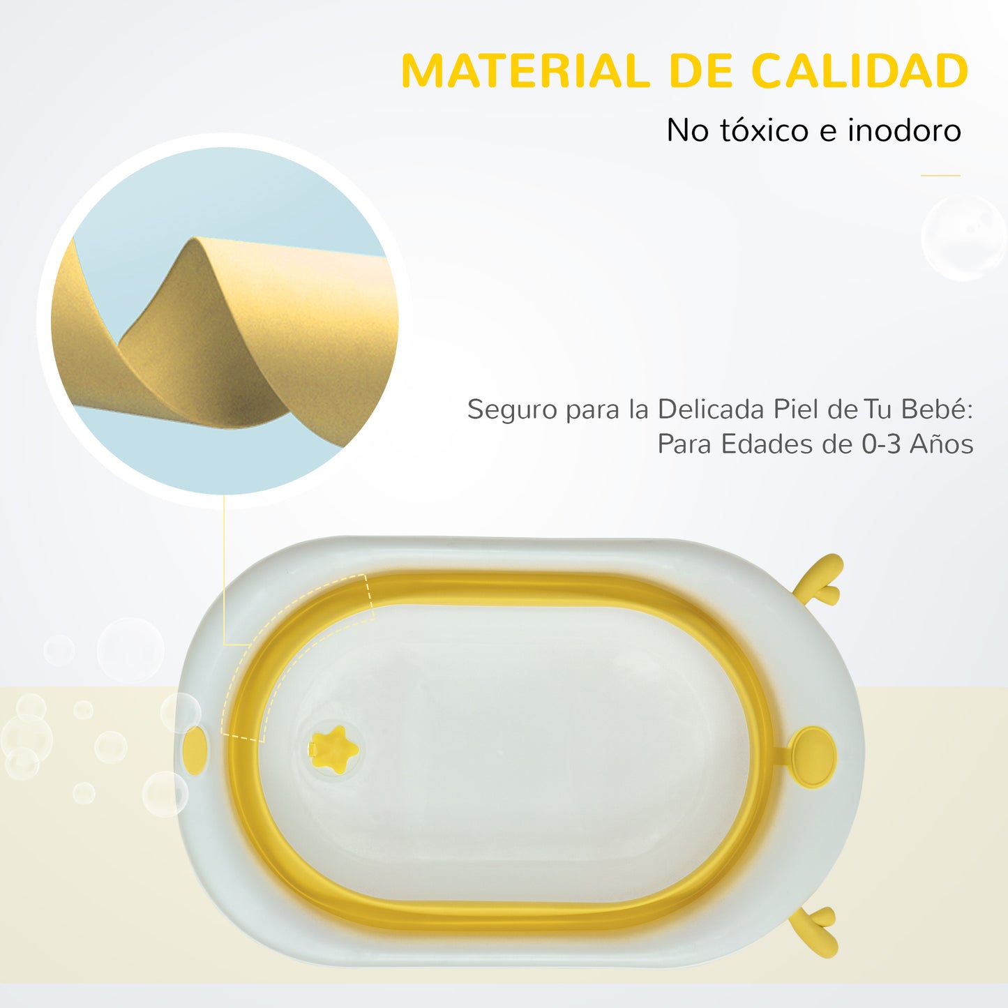 HOMCOM Bañera Plegable para Bebé Recién Nacido hasta 3 Años 81,5x50,5x23,5 cm con Tapón Termosensible Cojín y Almohadillas Antideslizantes Amarillo