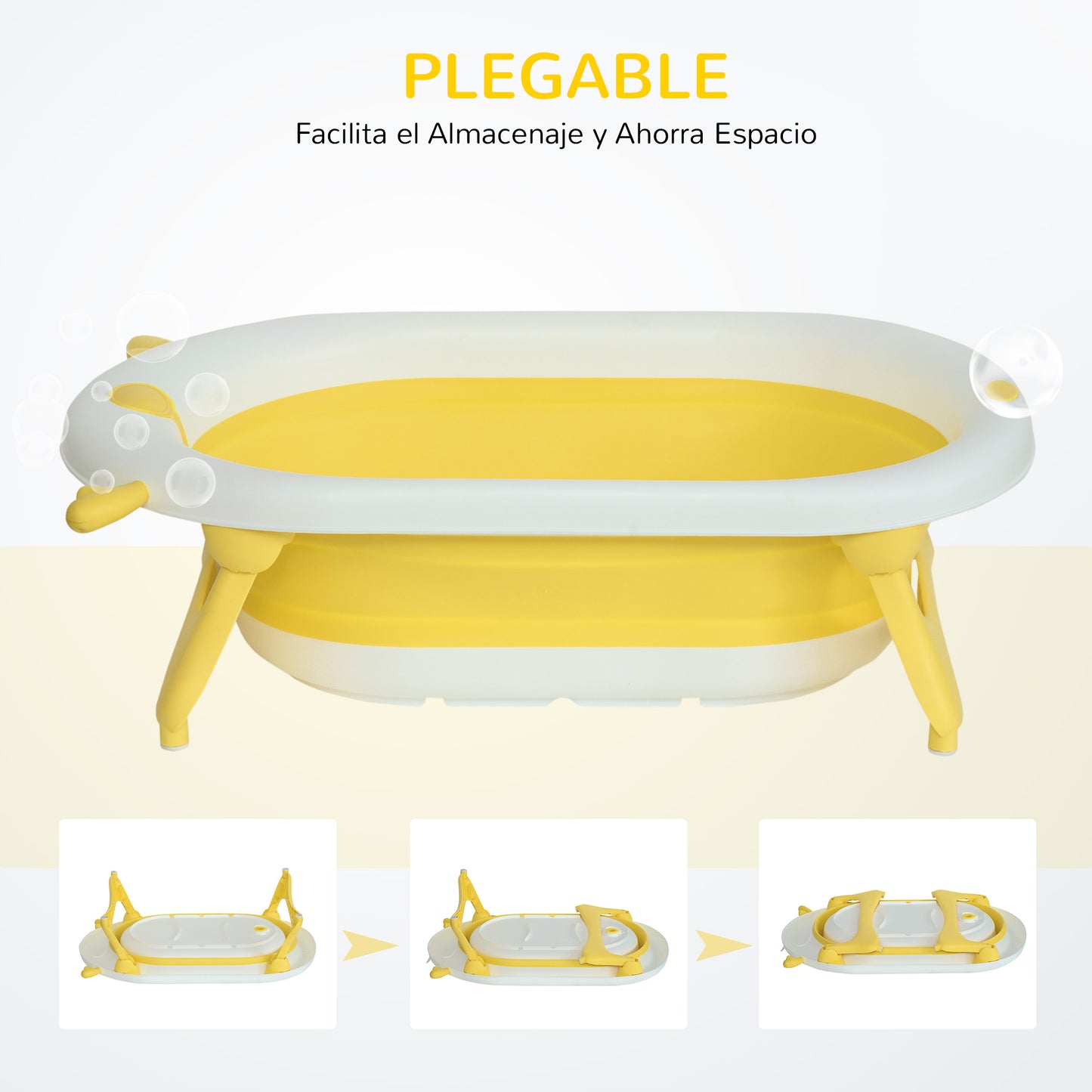 HOMCOM Bañera Plegable para Bebé Recién Nacido hasta 3 Años 81,5x50,5x23,5 cm con Tapón Termosensible Cojín y Almohadillas Antideslizantes Amarillo