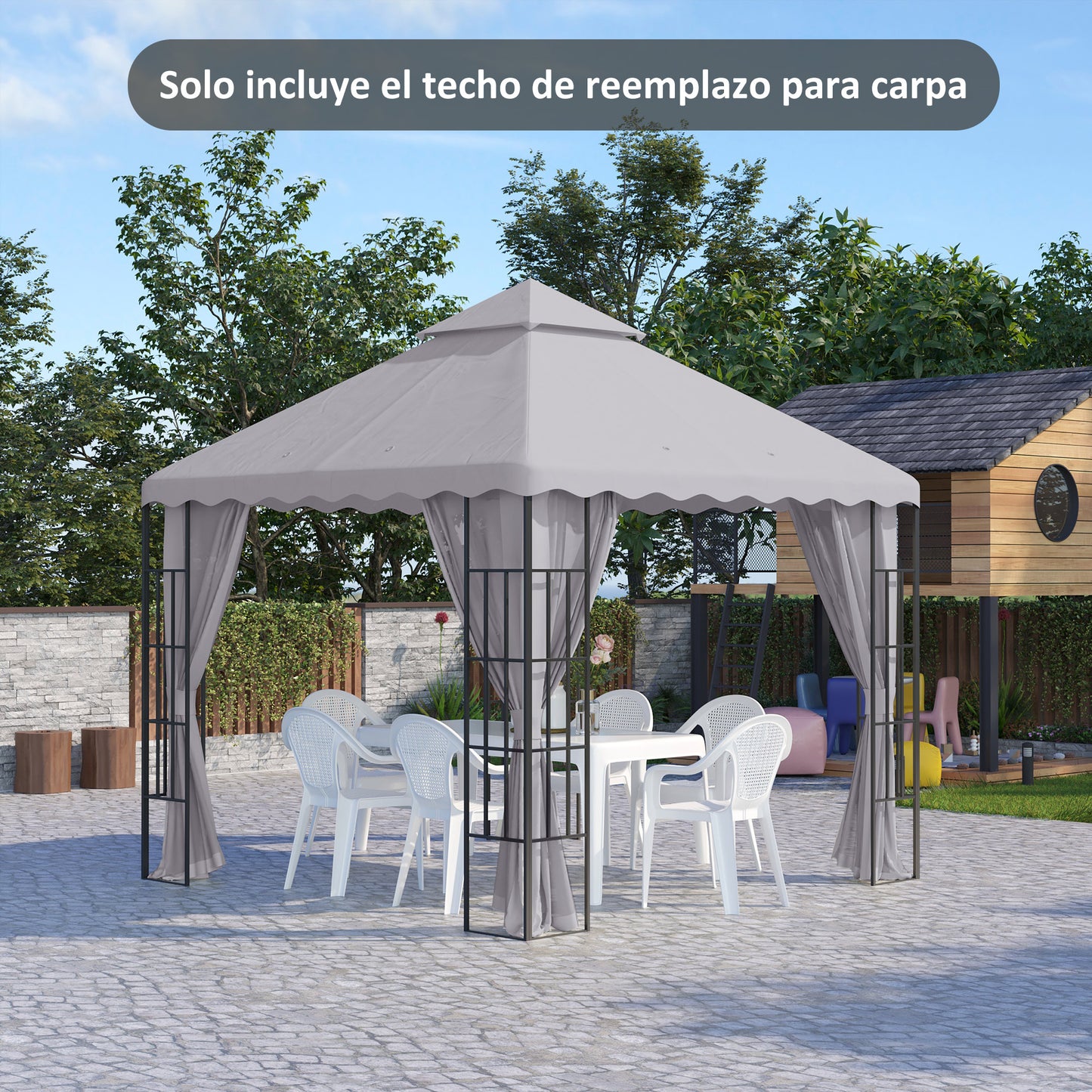 Outsunny Techo de Repuesto para Cenador 3x3 m Cubierta de Repuesto con Techo Doble y 10 Orificios de Drenaje Tela Poliéster para Carpa Pabellón Gazebo Gris Claro