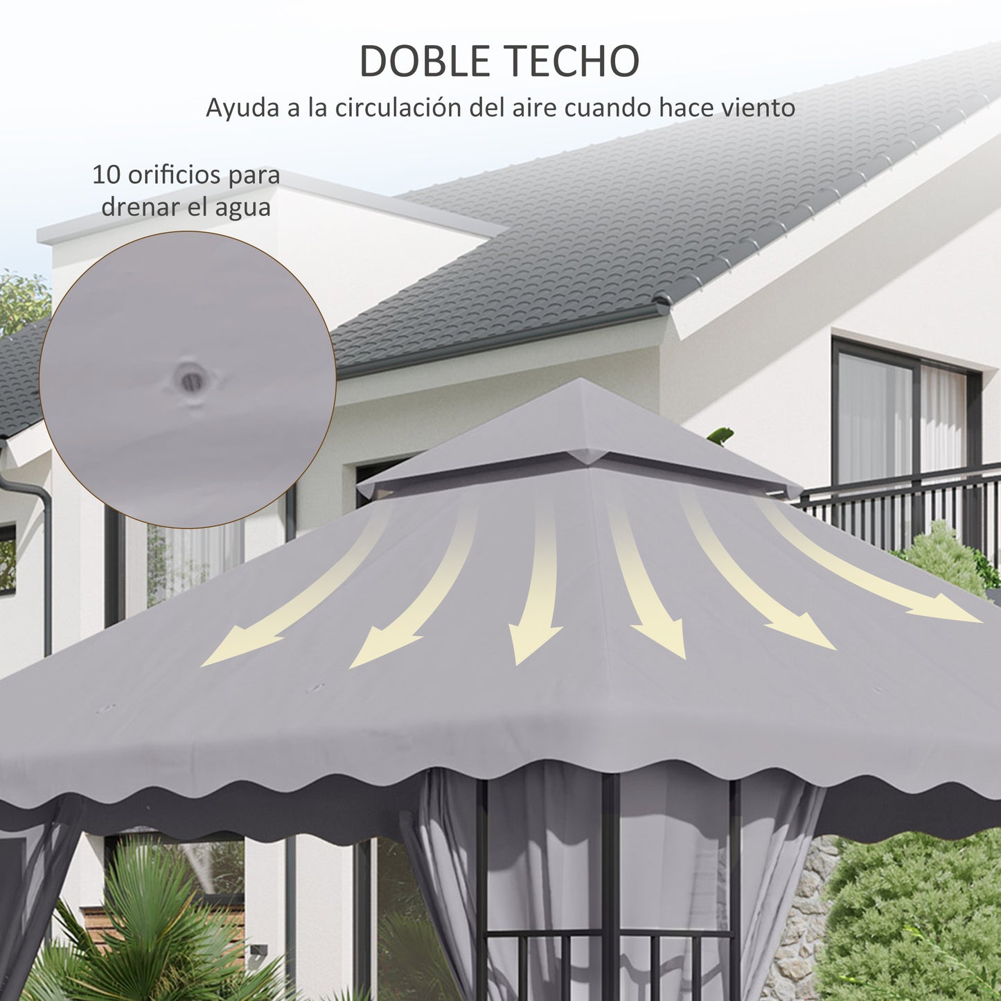 Outsunny Techo de Repuesto para Cenador 3x3 m Cubierta de Repuesto con Techo Doble y 10 Orificios de Drenaje Tela Poliéster para Carpa Pabellón Gazebo Gris Claro