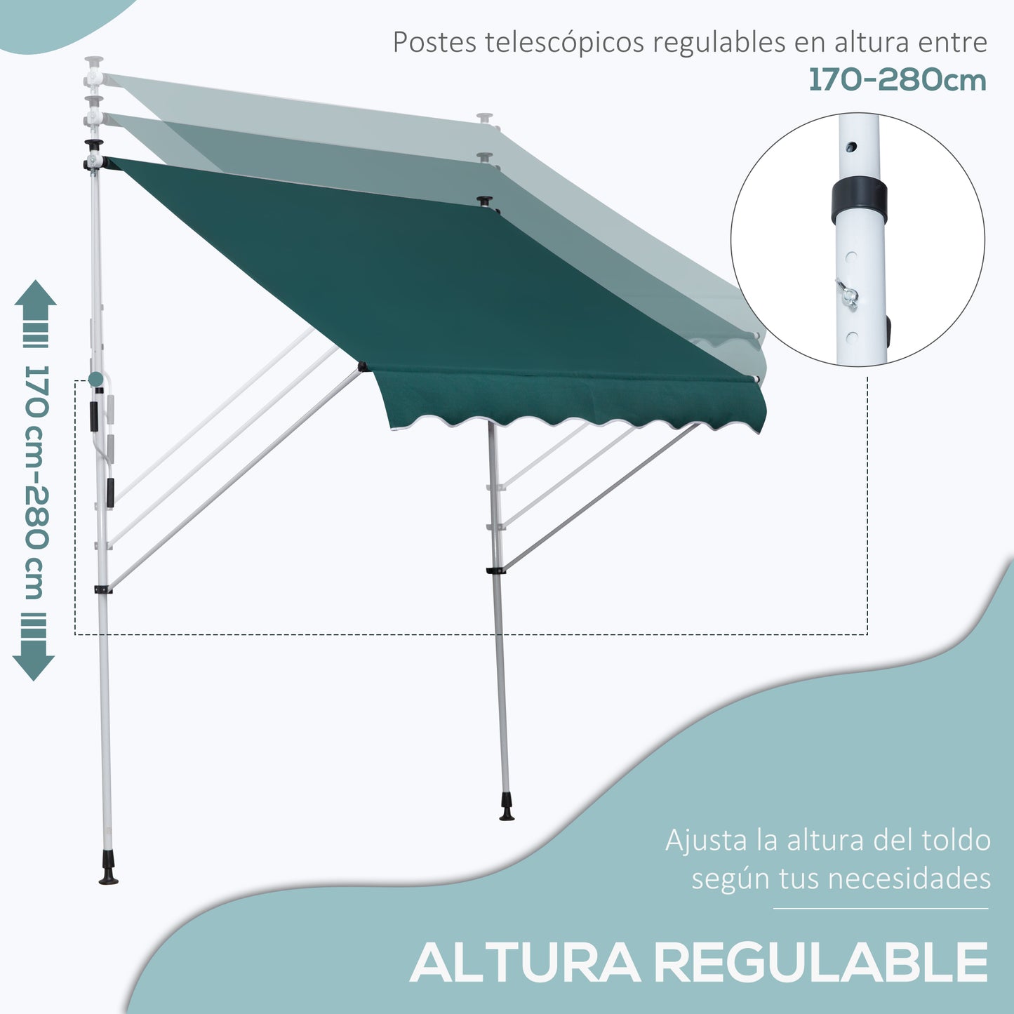 Outsunny Toldo Manual Retráctil 200x150x170-280 cm Toldo para Balcón con Altura Ajustable Manivela y Protección Solar para Terraza Jardín Verde