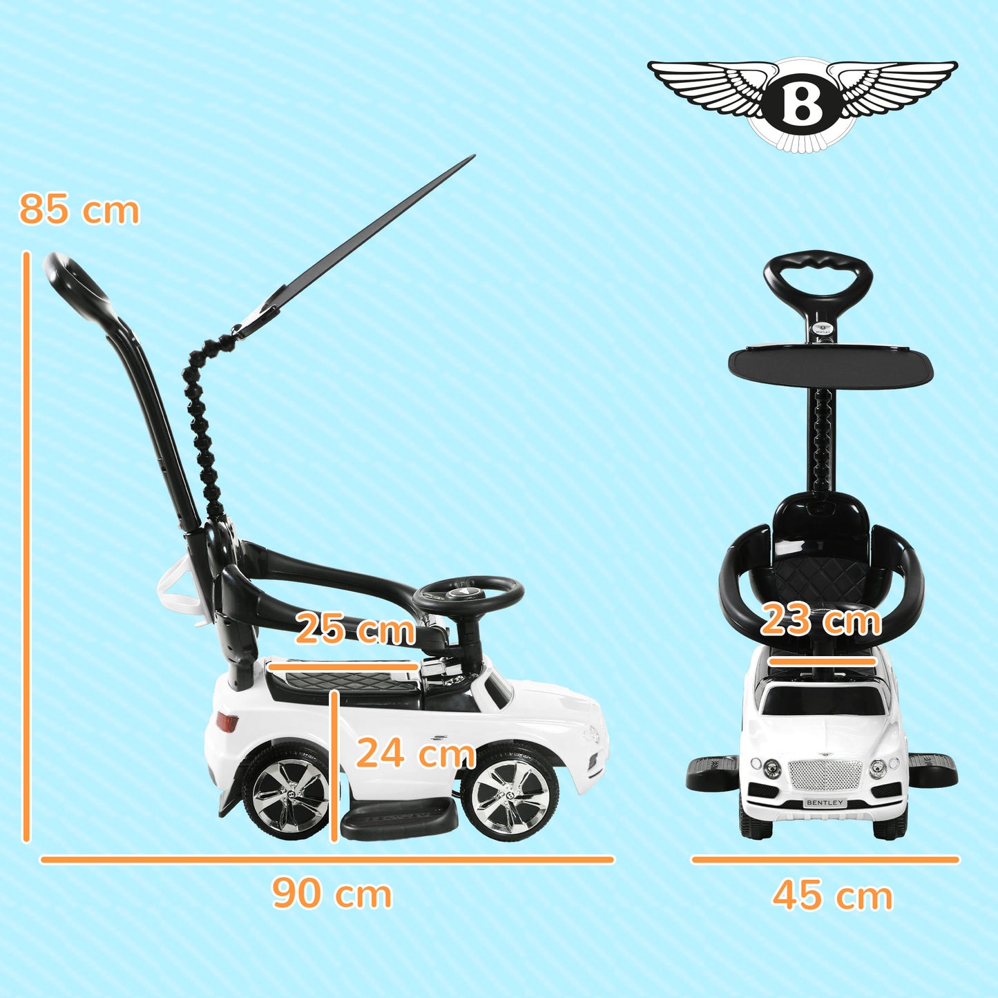 AIYAPLAY Coche Correpasillos 3 en 1 Correpasillos con Licencia Bentley Bentayga Correpasillos para Bebés de 12-36 Meses con Asa de Empuje y Toldo Desmontables Música Bocina Blanco