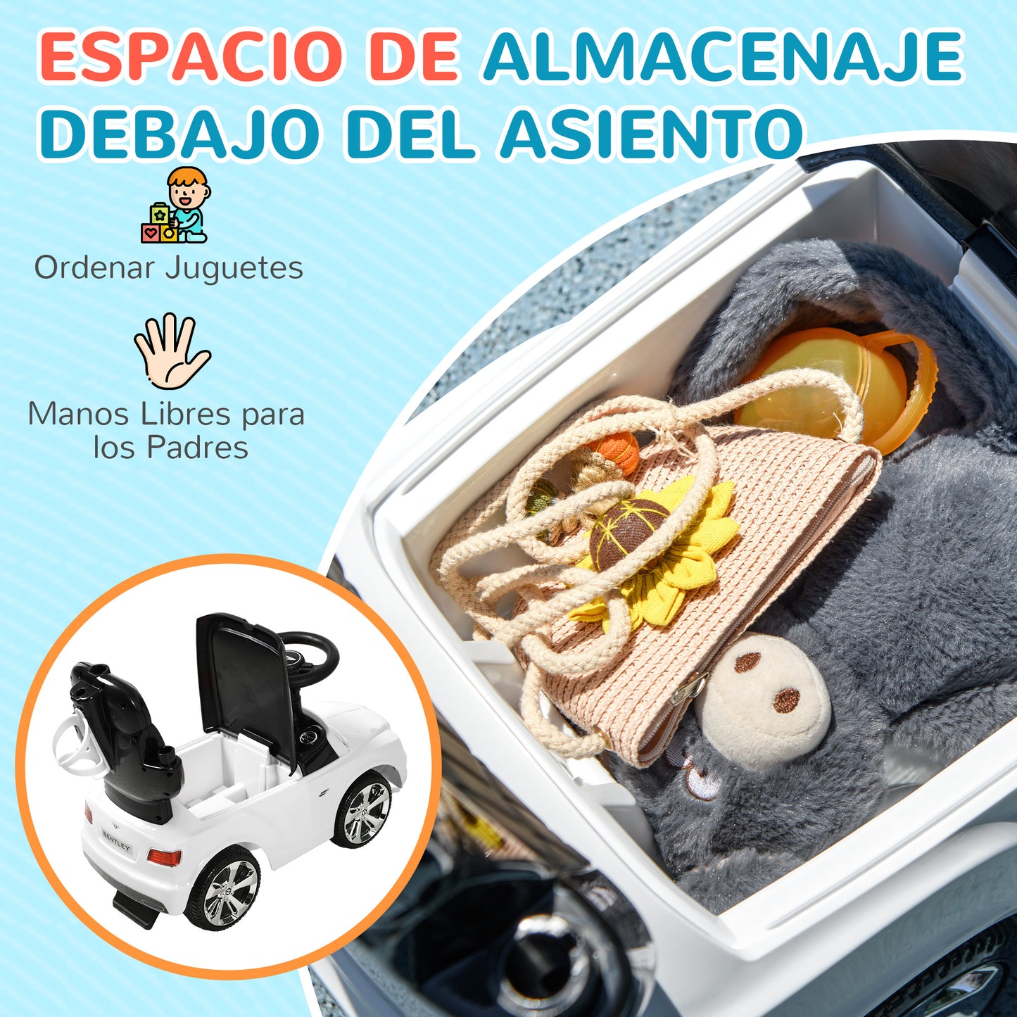 AIYAPLAY Coche Correpasillos 3 en 1 Correpasillos con Licencia Bentley Bentayga Correpasillos para Bebés de 12-36 Meses con Asa de Empuje y Toldo Desmontables Música Bocina Blanco