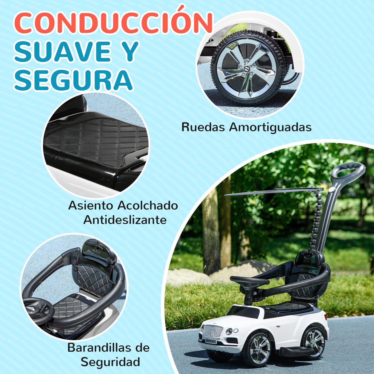 AIYAPLAY Coche Correpasillos 3 en 1 Correpasillos con Licencia Bentley Bentayga Correpasillos para Bebés de 12-36 Meses con Asa de Empuje y Toldo Desmontables Música Bocina Blanco