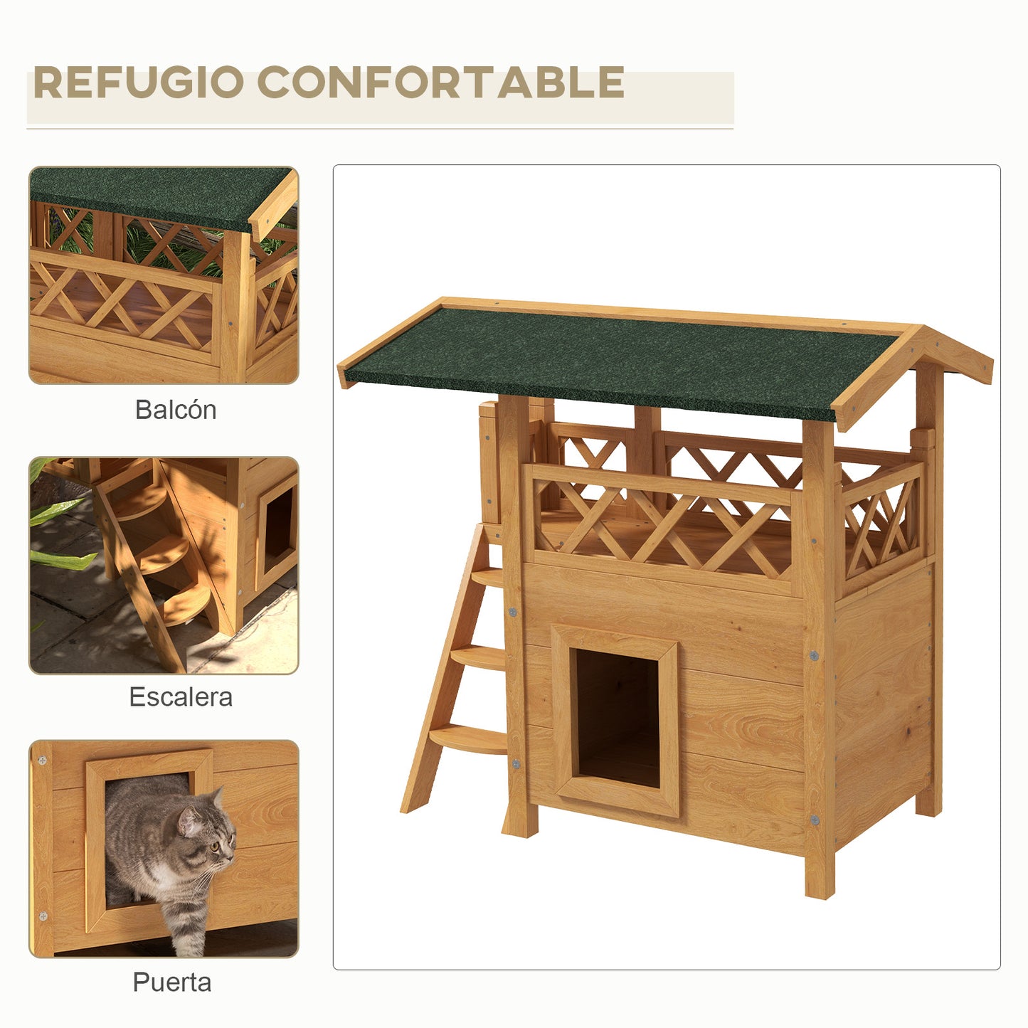 PawHut Casa para Gatos de Madera 77x50x73 cm Caseta para Gatos de 2 Niveles Refugio para Gatos con Techo Asfáltico Escalera y Balcón para Exterior Natural