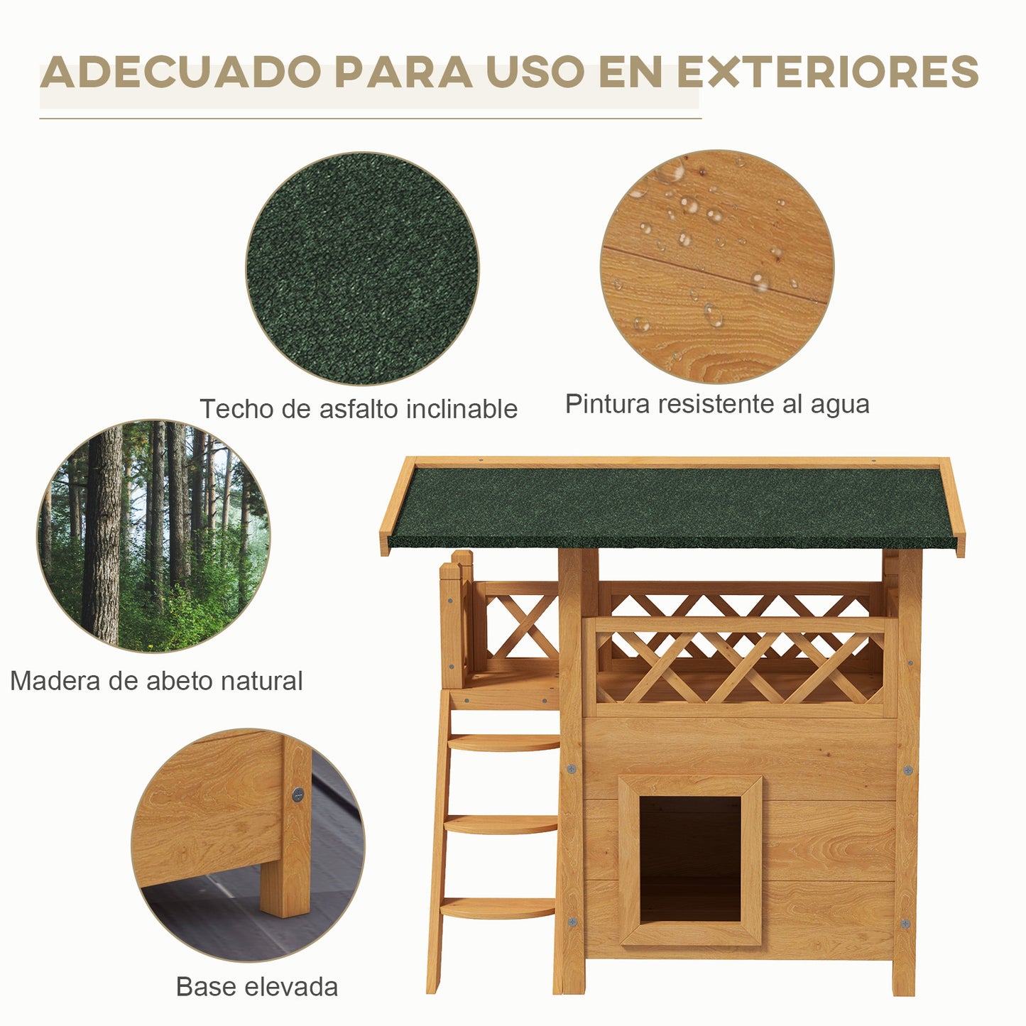 PawHut Casa para Gatos de Madera 77x50x73 cm Caseta para Gatos de 2 Niveles Refugio para Gatos con Techo Asfáltico Escalera y Balcón para Exterior Natural